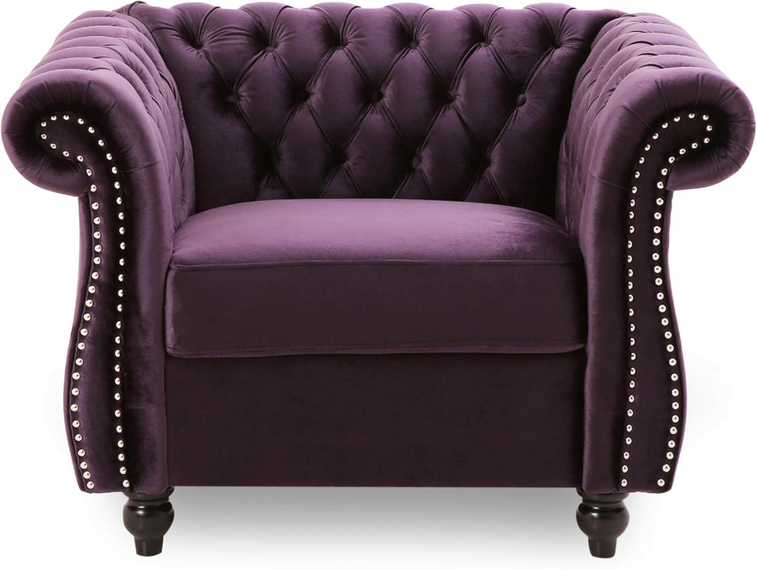 Blackberry Velvet Chesterfield Club Chair with Nailhead Accents