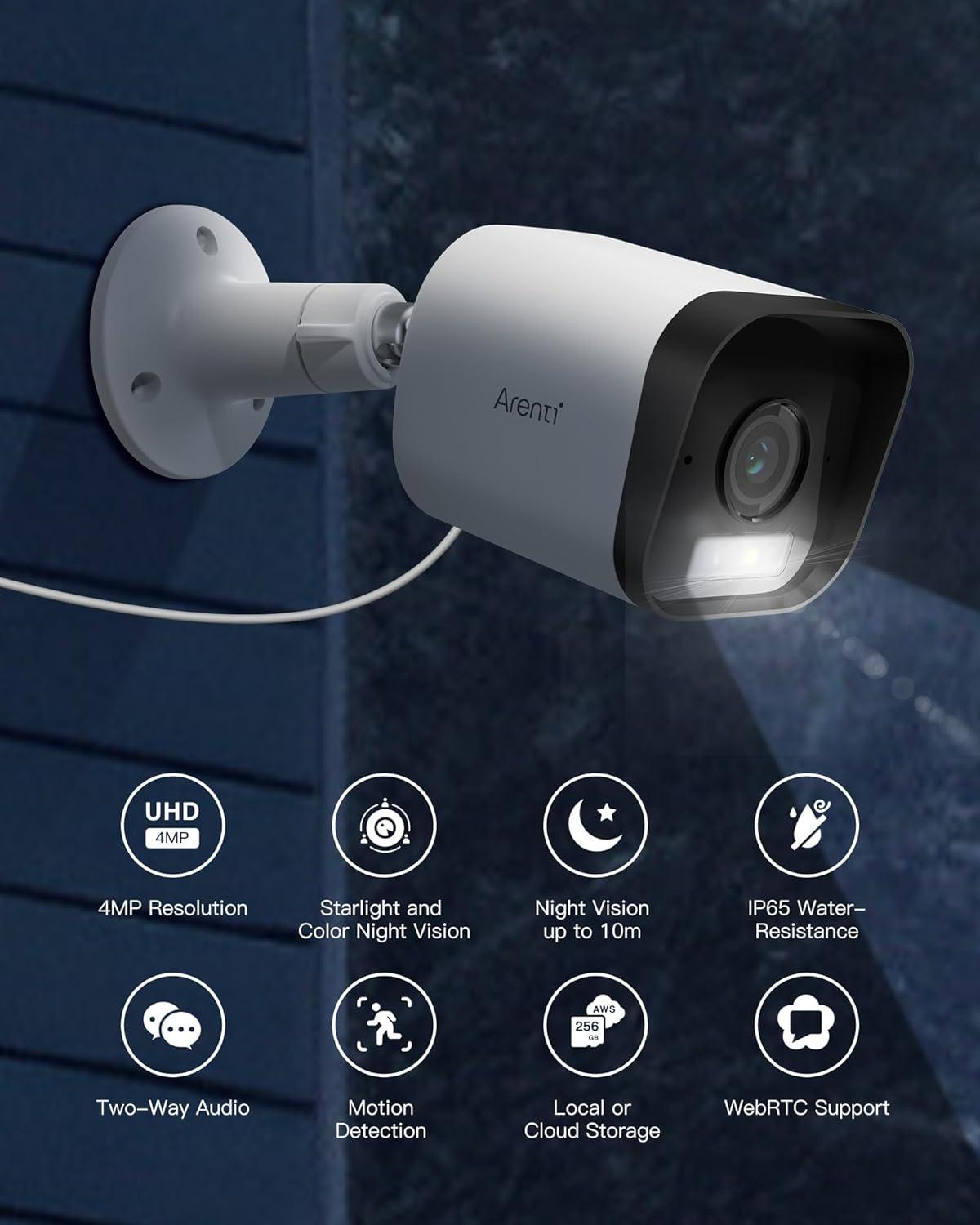 ARENTI 4MP Security Camera Outdoor Wired with Spotlight/Siren Alarm, Color Night Vision, Motion/AI Human Detection, IP65, 2.4Ghz Only