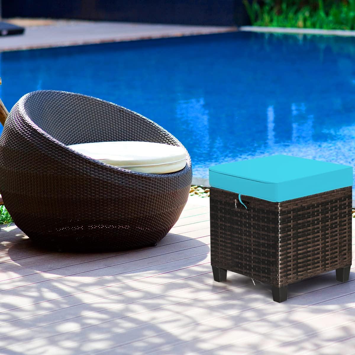 Costway 2PCS Patio Rattan Ottoman Cushioned Seat w/ Foot Rest Turquoise