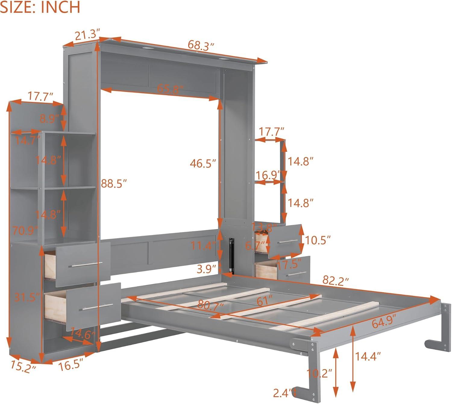 Gray Queen Size Murphy Bed with Shelves and Drawers