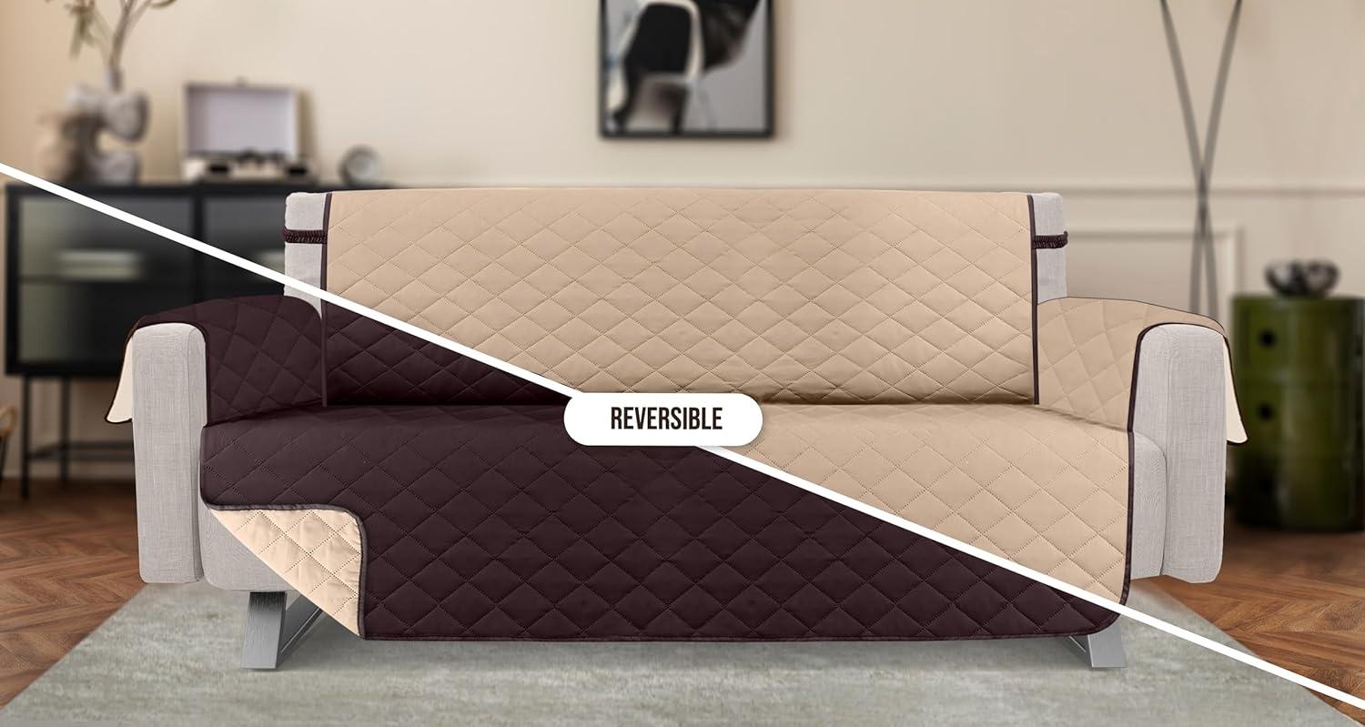 Utopia Bedding Reversible Sofa Couch Cover, Water Resistant Slipcover Furniture Protector with Foam Sticks and Elastic Straps for Kids Dogs Pets (3 Seater, Chocolate/Beige)