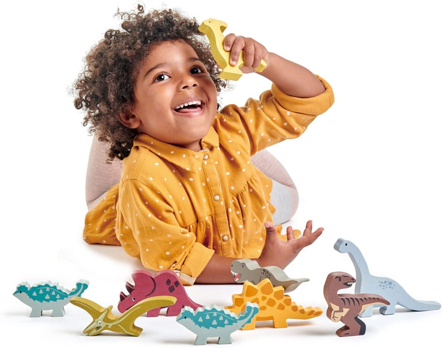 Wooden Dinosaur Figurines with Display Shelf for Kids