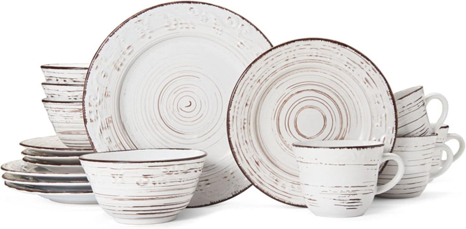 White Ceramic 16-Piece Rustic Dinnerware Set with Weathered Design