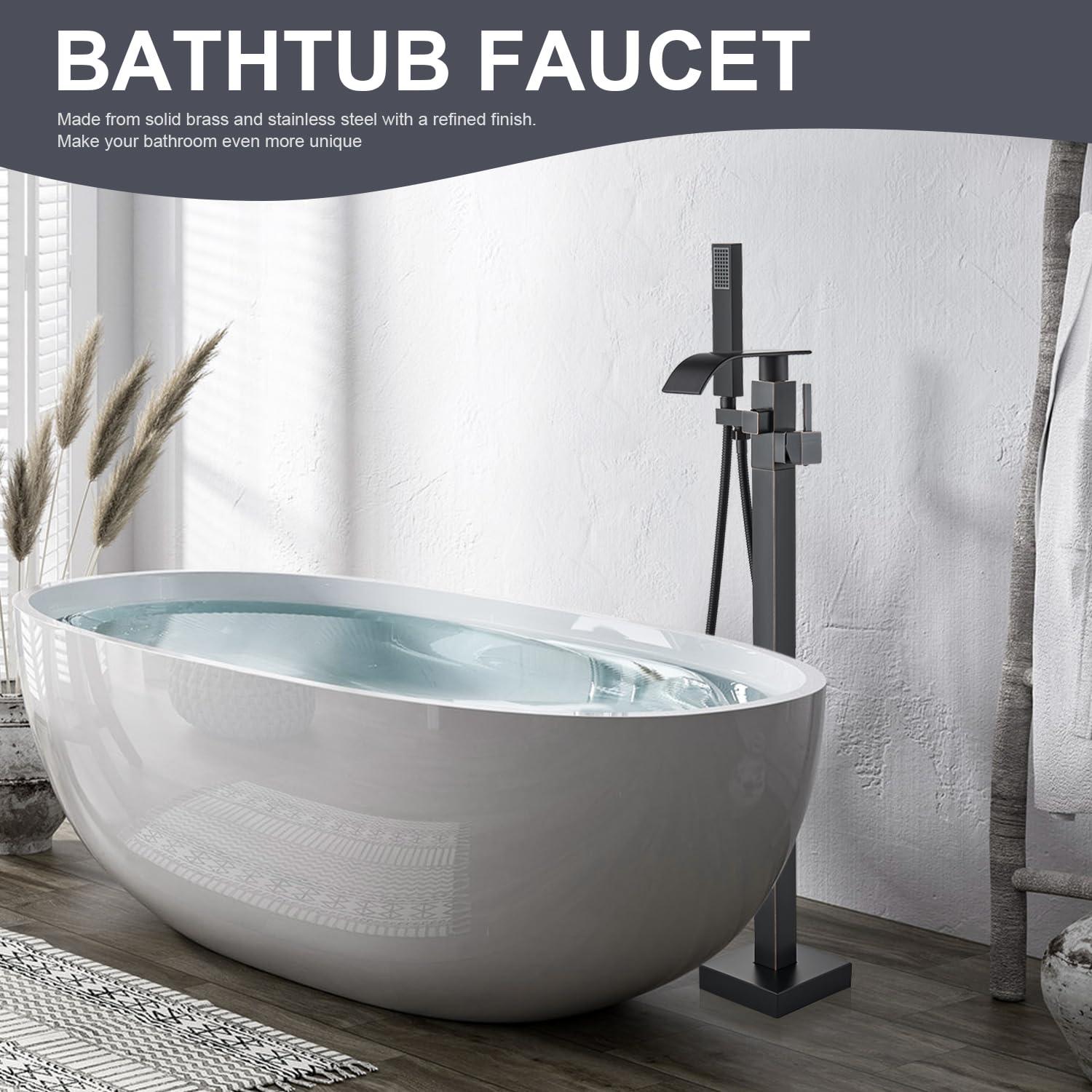 Senlesen Barthroom Tub Filler Faucet Floor Mounted Bathtub Shower Faucet Waterfall Spout Free Standing Tub Mixer Tap with Handheld Sprayer