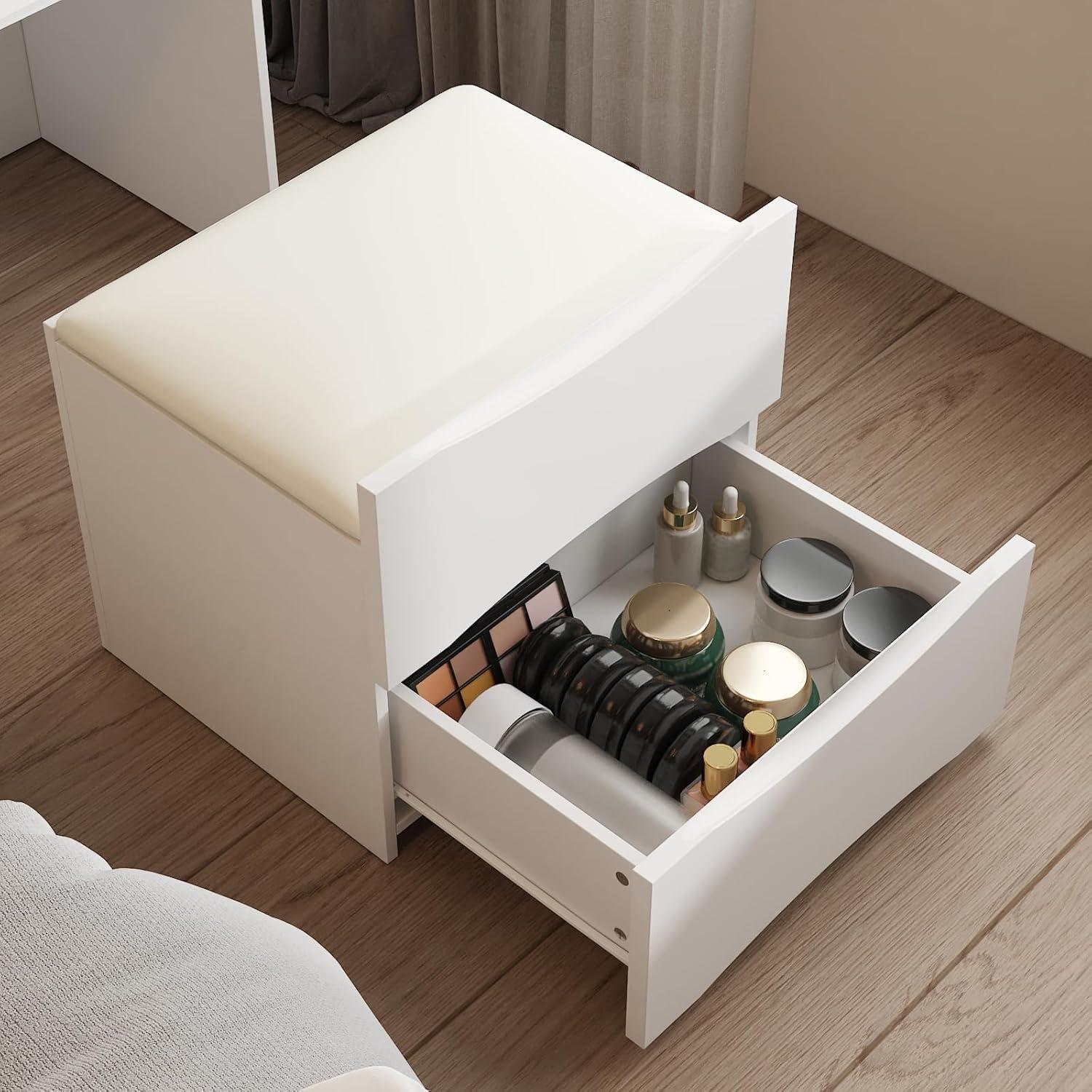 Joqixon Vanity Desk with Flip Top Mirror and Lights, Makeup Vanity Set with Glass Shelf, Space Saving Dressing Table with 3 Drawers & Cushion Stool for Bedroom, White