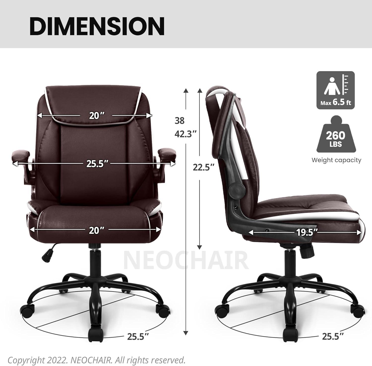 Neo Chair Mid Back Ergonomic Executive PU Leather Chair with Padded Flip-up Arms, Brown