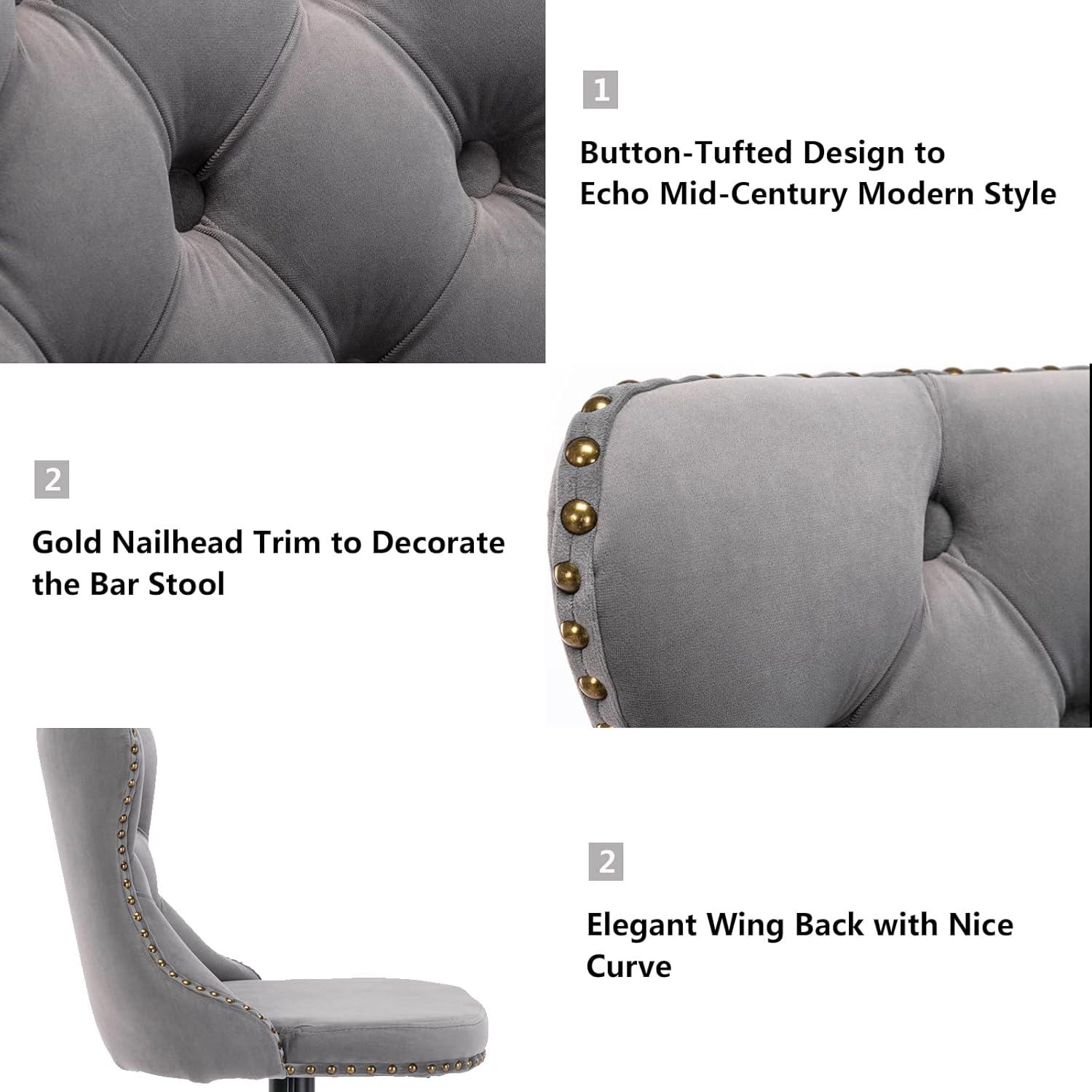 VYNXARIA Swivel Velvet Barstools Adjusatble Seat Height from 25-33 Inch,17.7 inch base, Modern Upholstered Bar Stools,Gray,Set of 2