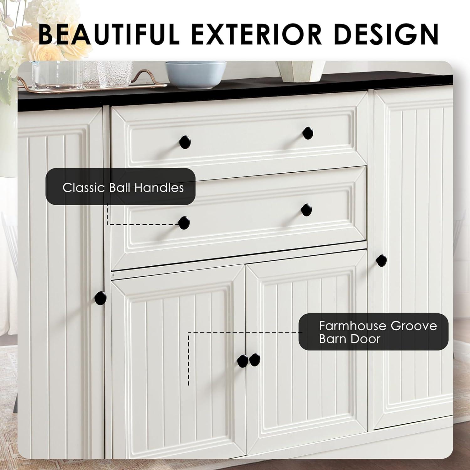 Magic Union 58" Farmhouse Sideboard Buffet Cabinet, Coffee Bar Cabinet with 2 Large Drawers & 4 Grooved Barn Doors, Wood Storage Cabinets for Dinning Room, Kitchen, Living Room, White