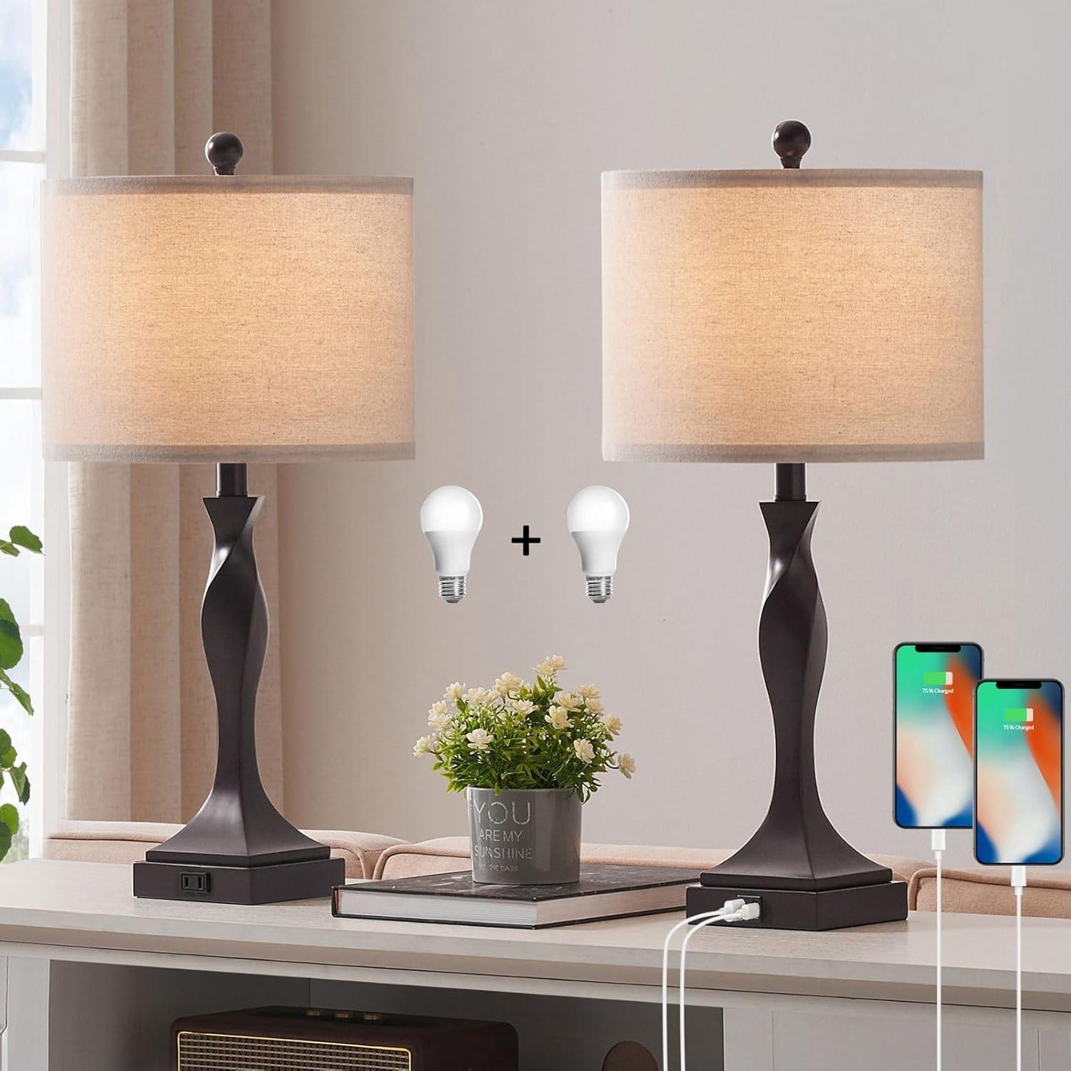 Bronze Spiral Base Table Lamp Set with USB Ports and Fabric Shades