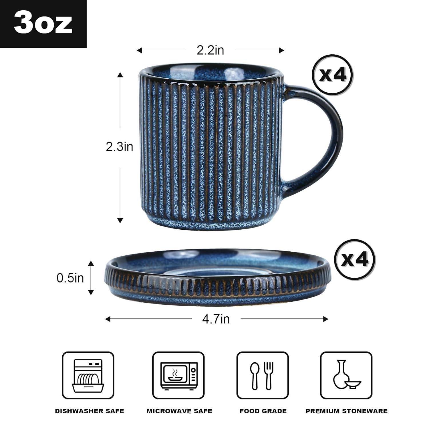 Espresso Cups and Saucers Set of 4, [ Mini ] 3 oz Ceramic Small Coffee Mug with Handle, Ribbed Stoneware Demitasse Cup for Tea, Latte - Microwave & Dishwasher Safe - Nebulas Blue