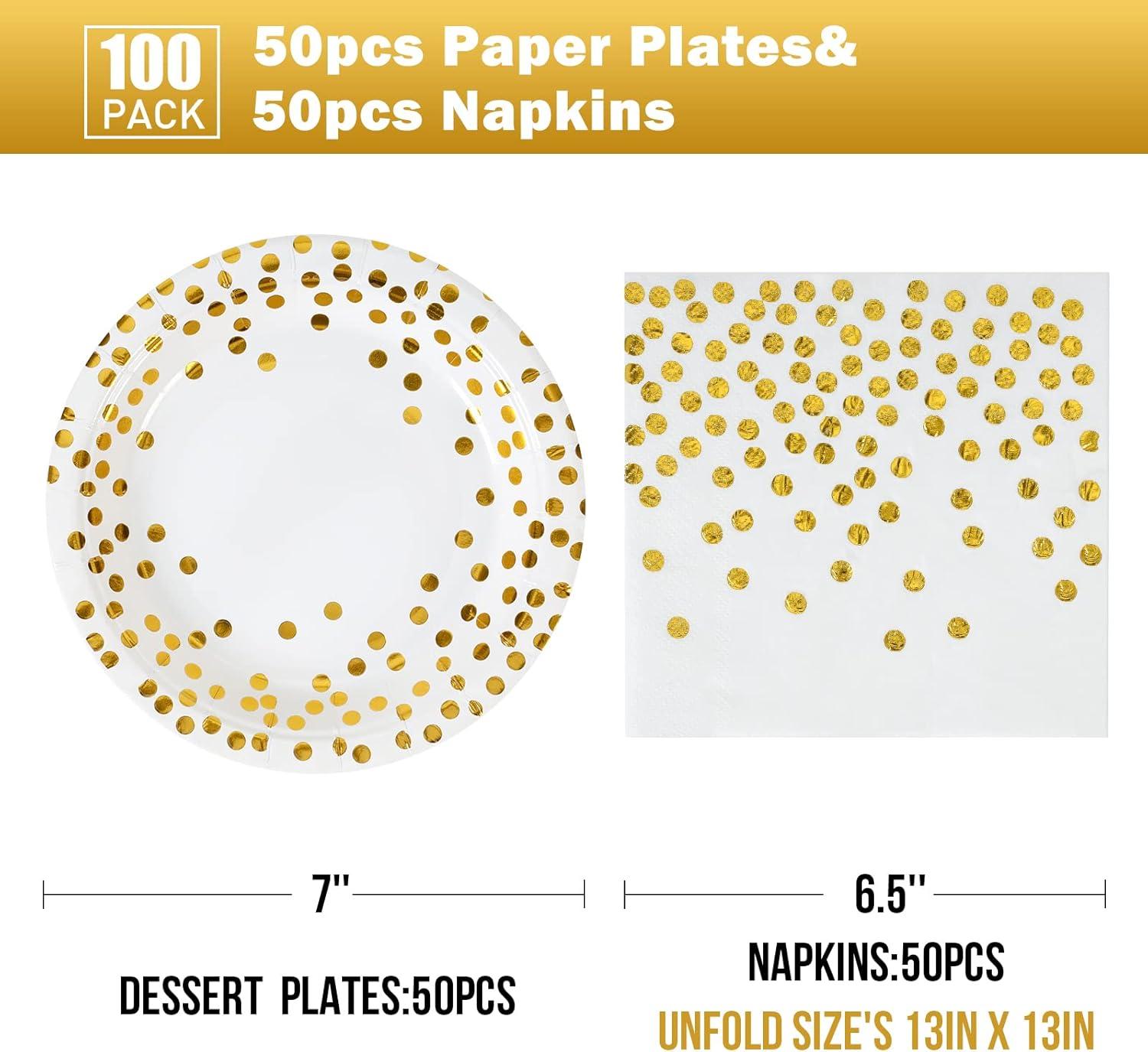 Disposable Paper Plates 100 Pack - White and Gold Paper Plates 50 x 7" & Gold Dot Napkins 50 x 6.5",Plate and Napkins Party Supplies for Weddings, Birthdays,All Occasions