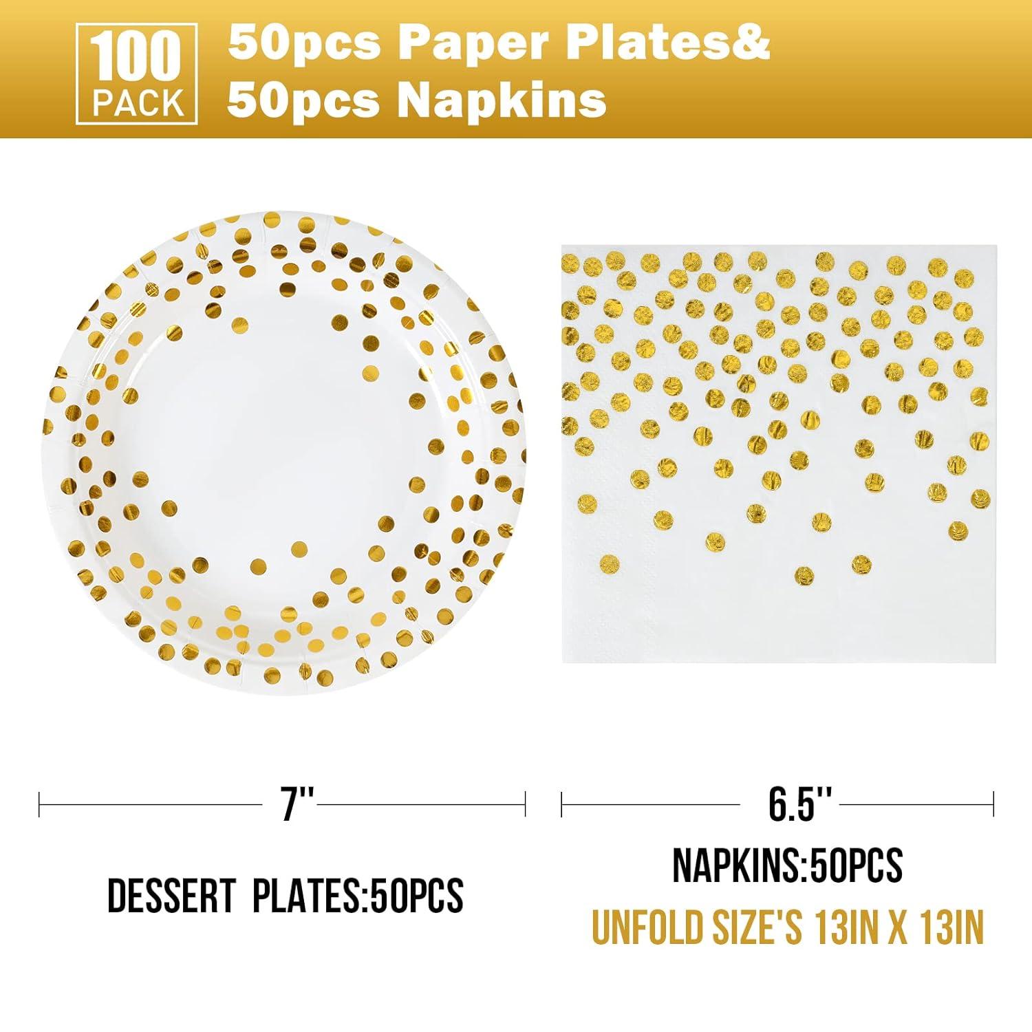 Disposable Paper Plates 100 Pack - White and Gold Paper Plates 50 x 7" & Gold Dot Napkins 50 x 6.5",Plate and Napkins Party Supplies for Weddings, Birthdays,All Occasions