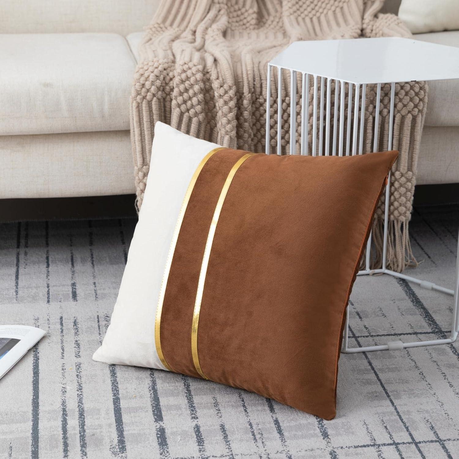 Set of 2 Brown and White Velvet Throw Pillows with Gold Stripes