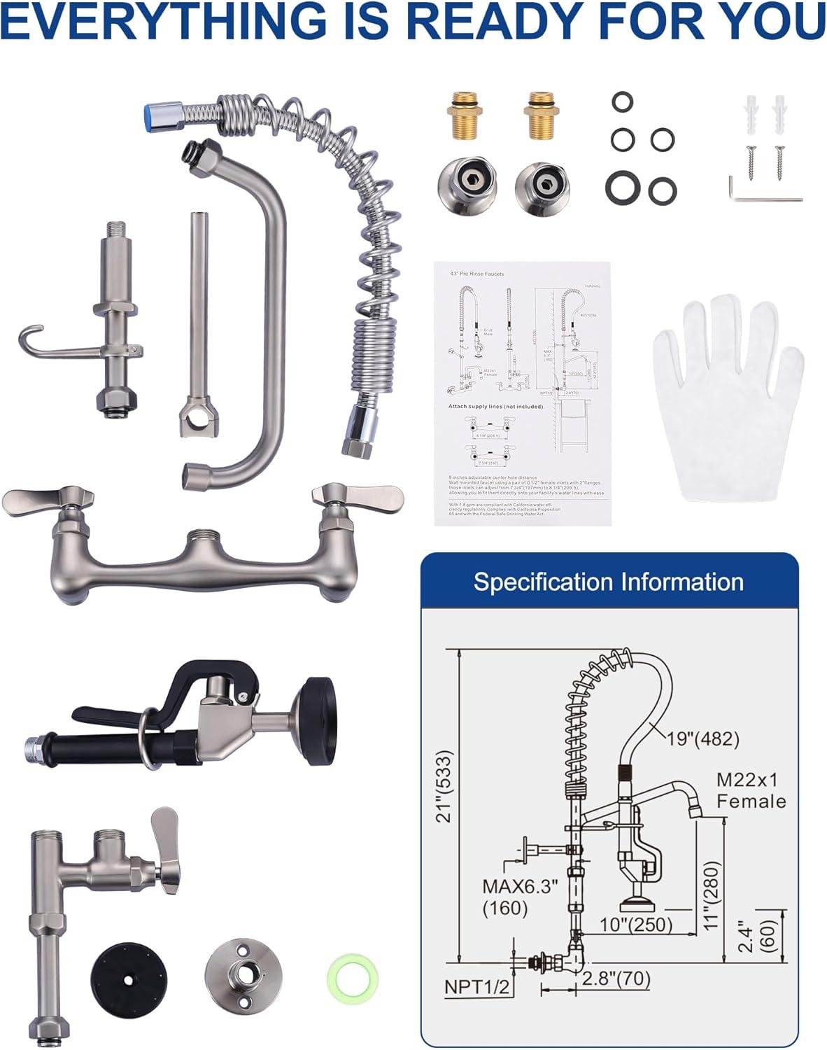 Brushed Nickel 21" Wall Mount Commercial Kitchen Faucet with Pull-out Spray