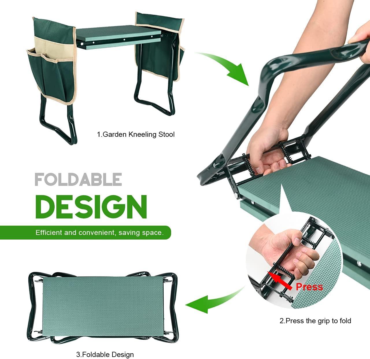 Green Heavy Duty Foldable Garden Kneeler and Seat with Tool Pouches