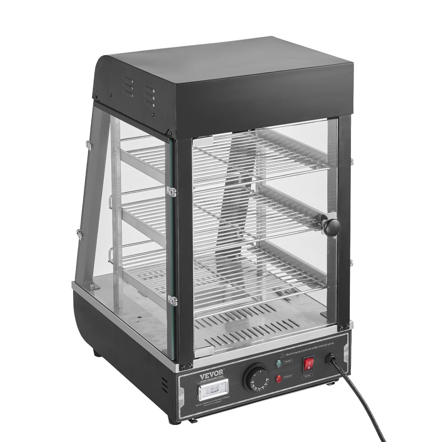 VEVOR 3-Tier Commercial Food Warmer Display, 1000W Food Display Warmer with Light, Adjustable Shelf and Temperature Display, 86℉~185℉ Steam Heating, 57L for Hamburger, Pizza, Bread, Fried Chicken