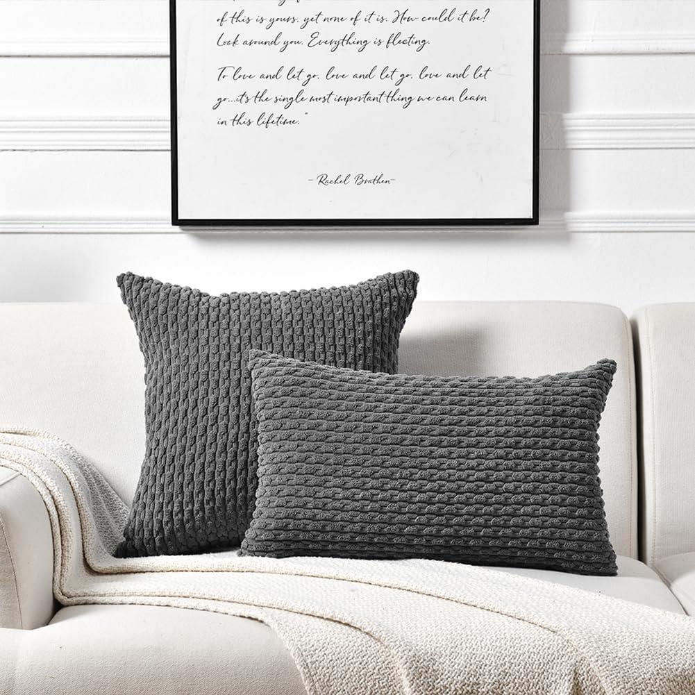 Boho Sage Green Striped Corduroy Pillow Covers - Set of 2 | Farmhouse Rectangle Cushion Cases for Sofa Couch Bed | Soft Decorative Throw Pillowcases - 12x20 Inch Home Decor