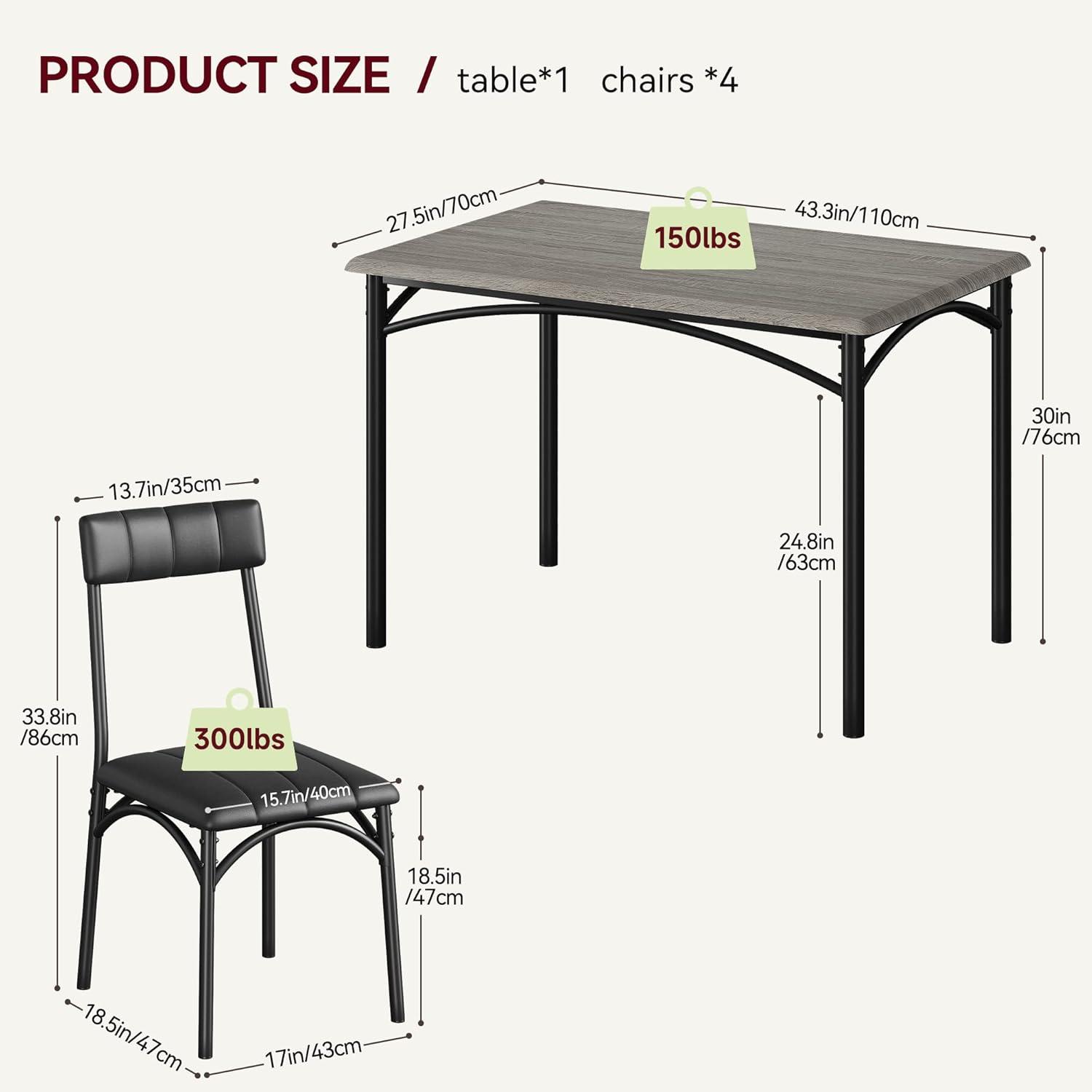 Dining Table Set for 4, Kitchen Table and Chairs, Metal and Wood Rectangular Dining Room Table Set with 4 Upholstered Chairs, 5 Piece Dining Set for Small Space, Apartment, Grey