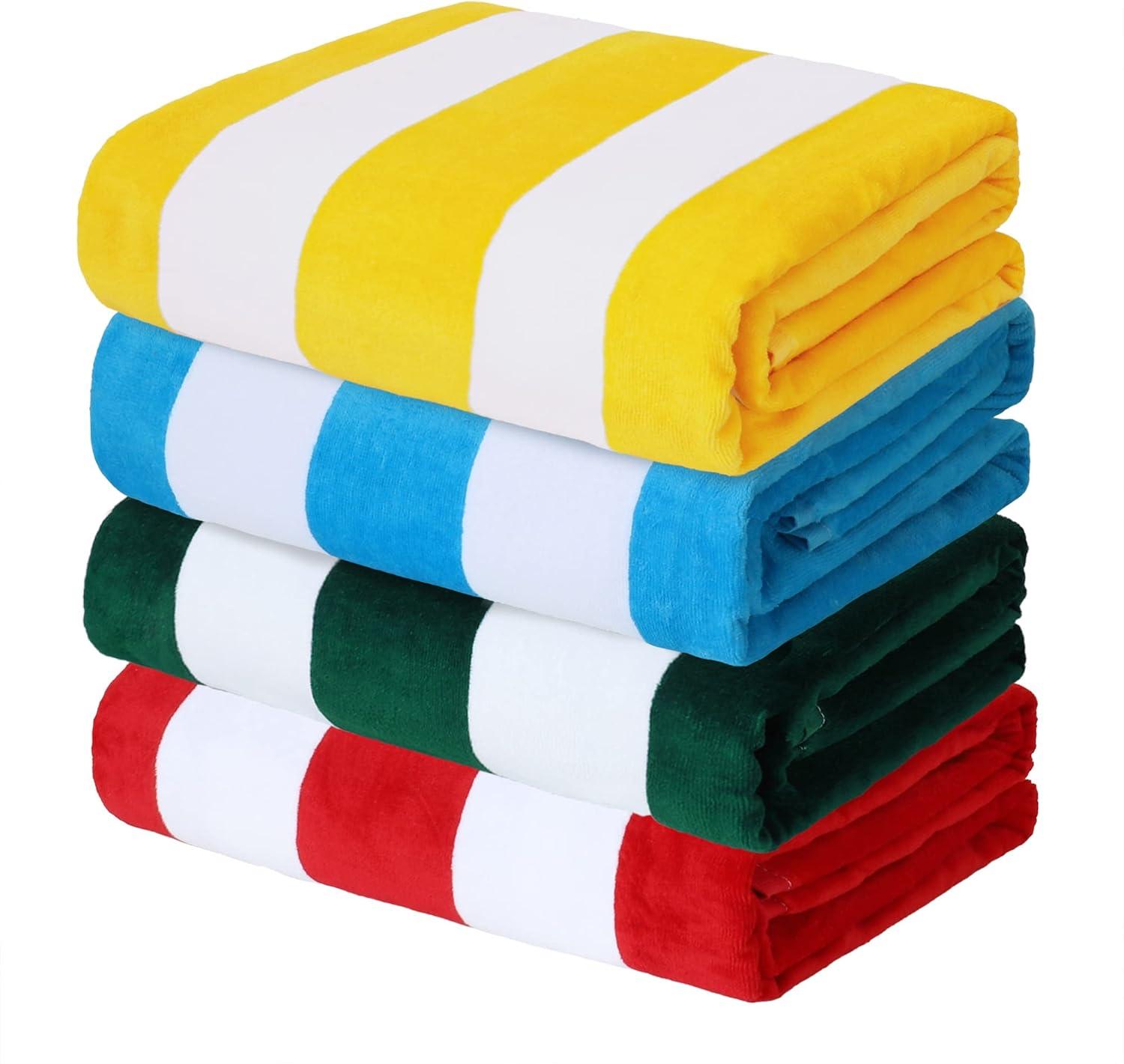 Exclusivo Mezcla 4-Pack Cotton Oversized 35"x70" Cabana Stripe Beach Towels, Super Absorbent Soft Plush Pool Towel, Bath Towel (Blue/Forest Green/Yellow/Red)