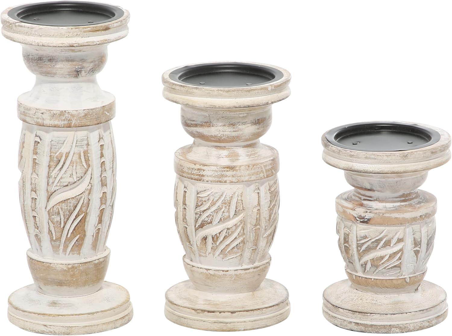 DecMode White Wash Wood Country Cottage Candle Holder Set of 3-Pieces, 6", 8",10"H