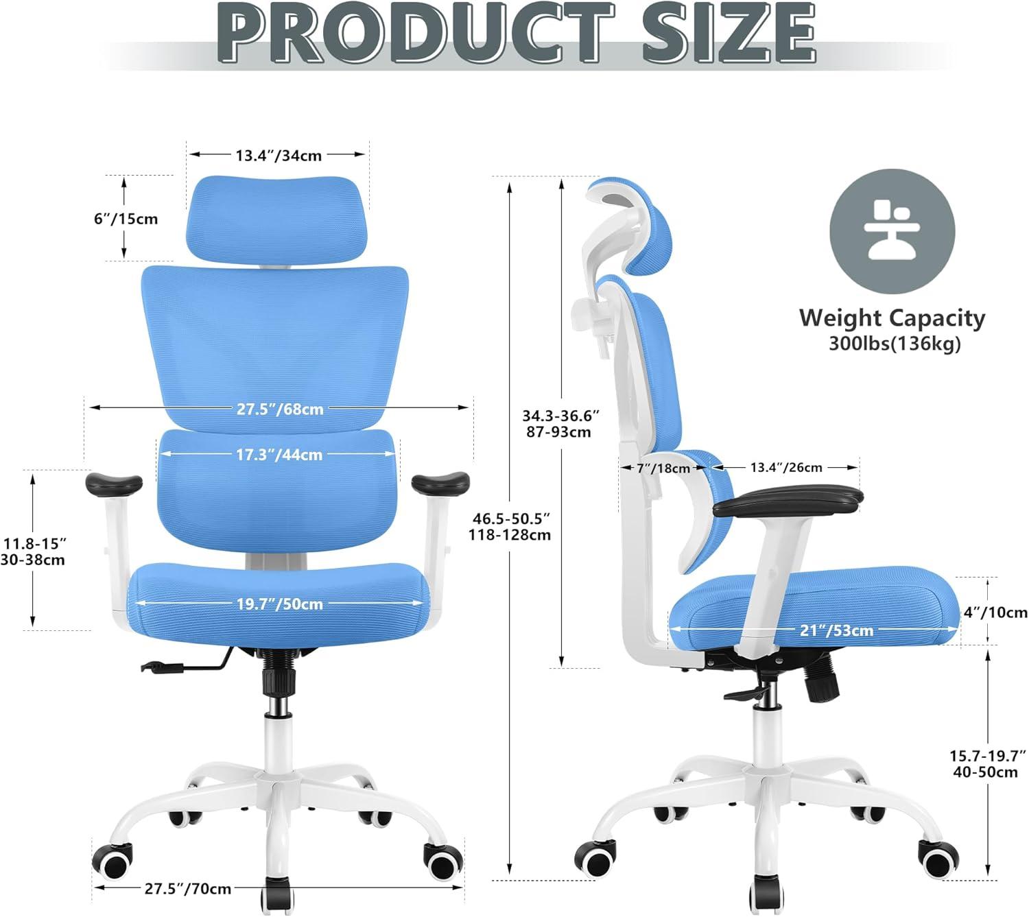 Sky Blue Ergonomic High Back Mesh Office Chair with Adjustable Armrests