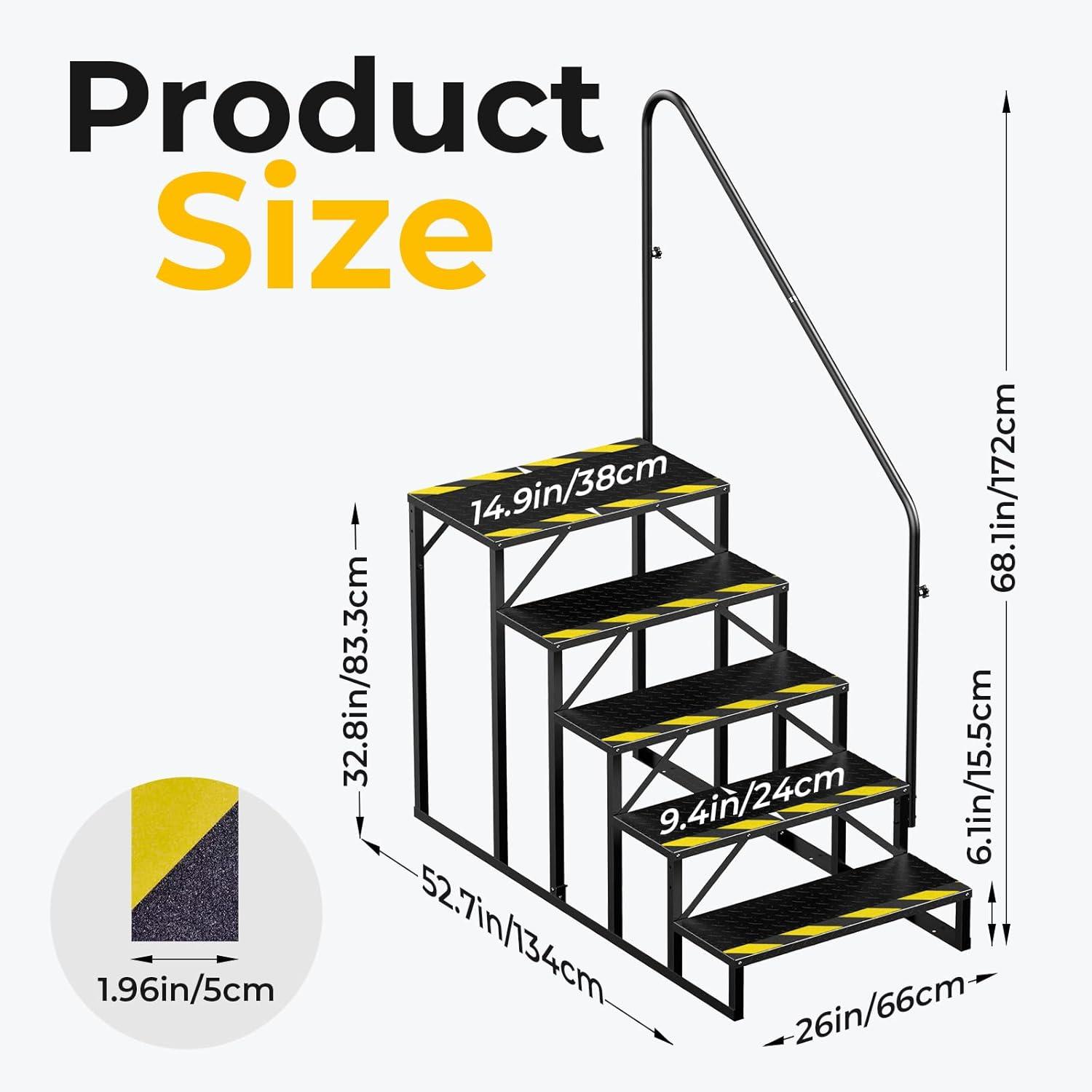 Tcbosik RV Steps with Handrail, 5 Steps Ladder Hot Tub Steps, Portable Stairs Step with Anti-Slip Panel, Heavy Duty Metal Mobile Home Stairs for Outdoor RV Step, Camper Trailer, Black