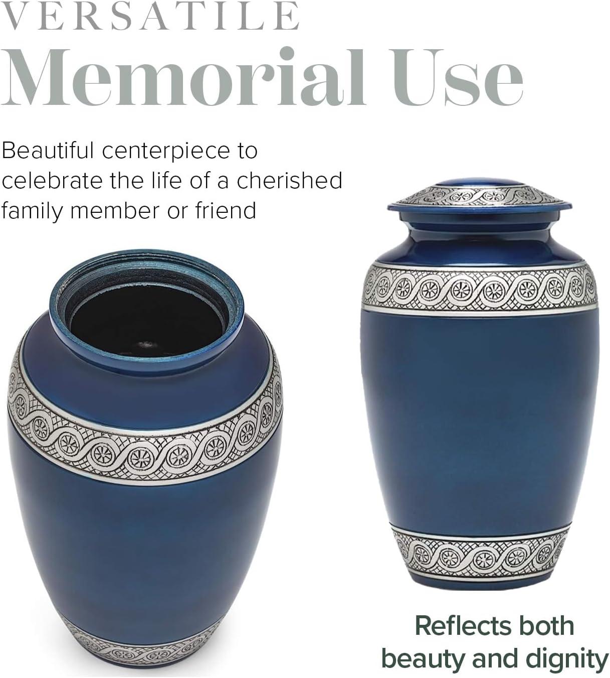 Blue Painted Metal Cremation Urn with Engraved Design