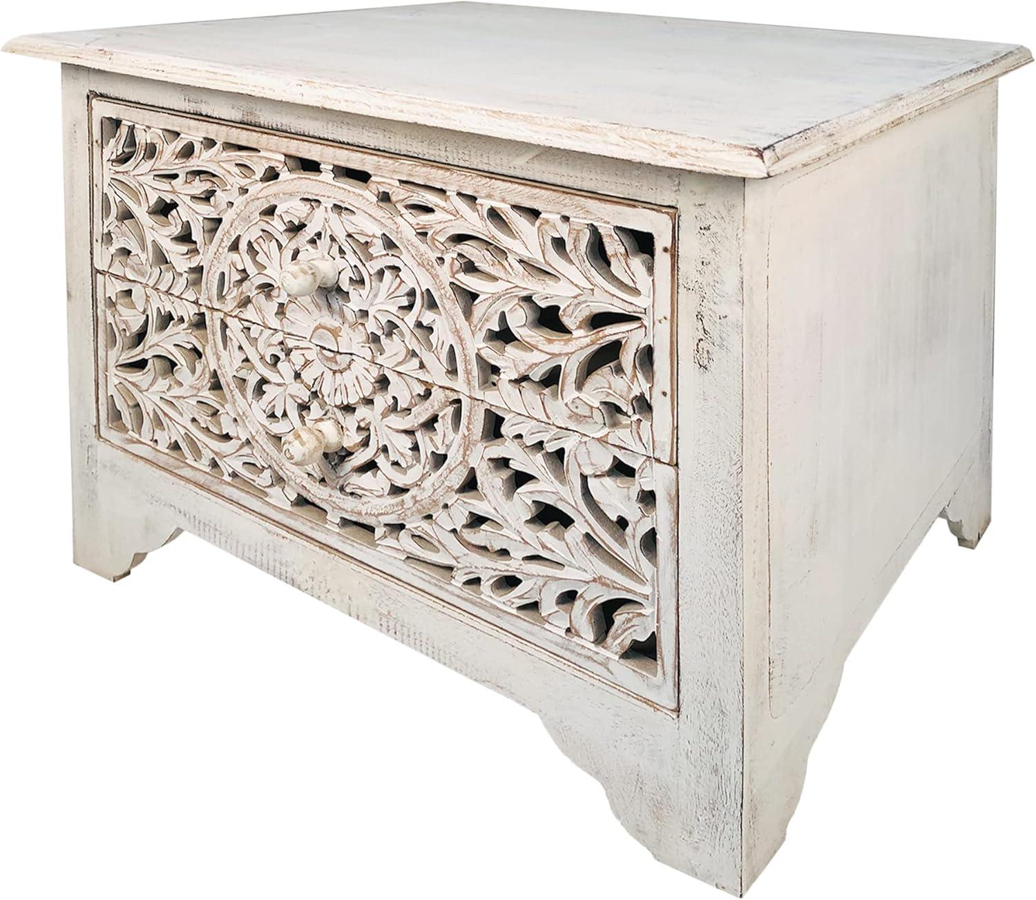 The Urban Port 24" Handcrafted Mango Wood Nightstand Side Table 2 Drawers Floral Carved Cut Out Design Antique White
