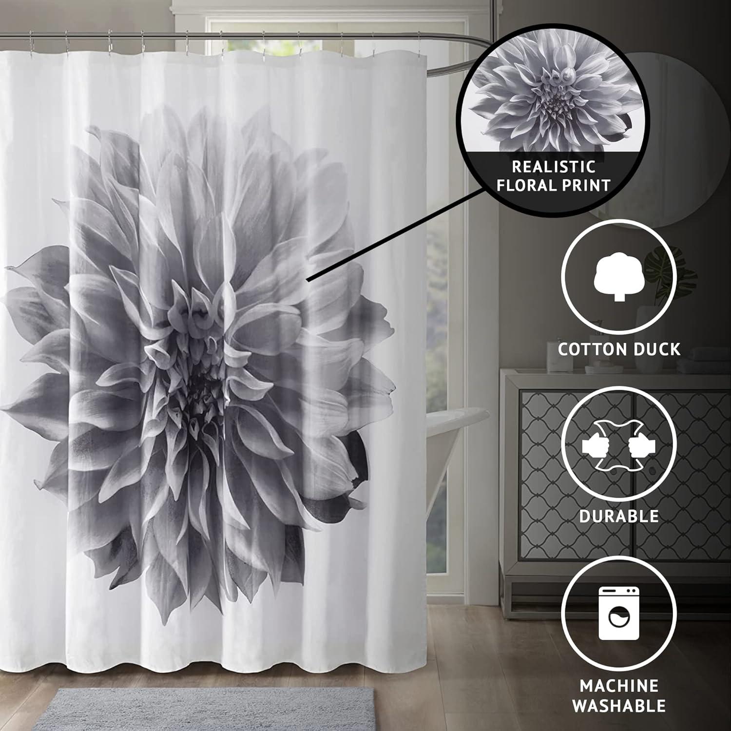 Grey Floral Cotton Shower Curtain, 72x72 Inches