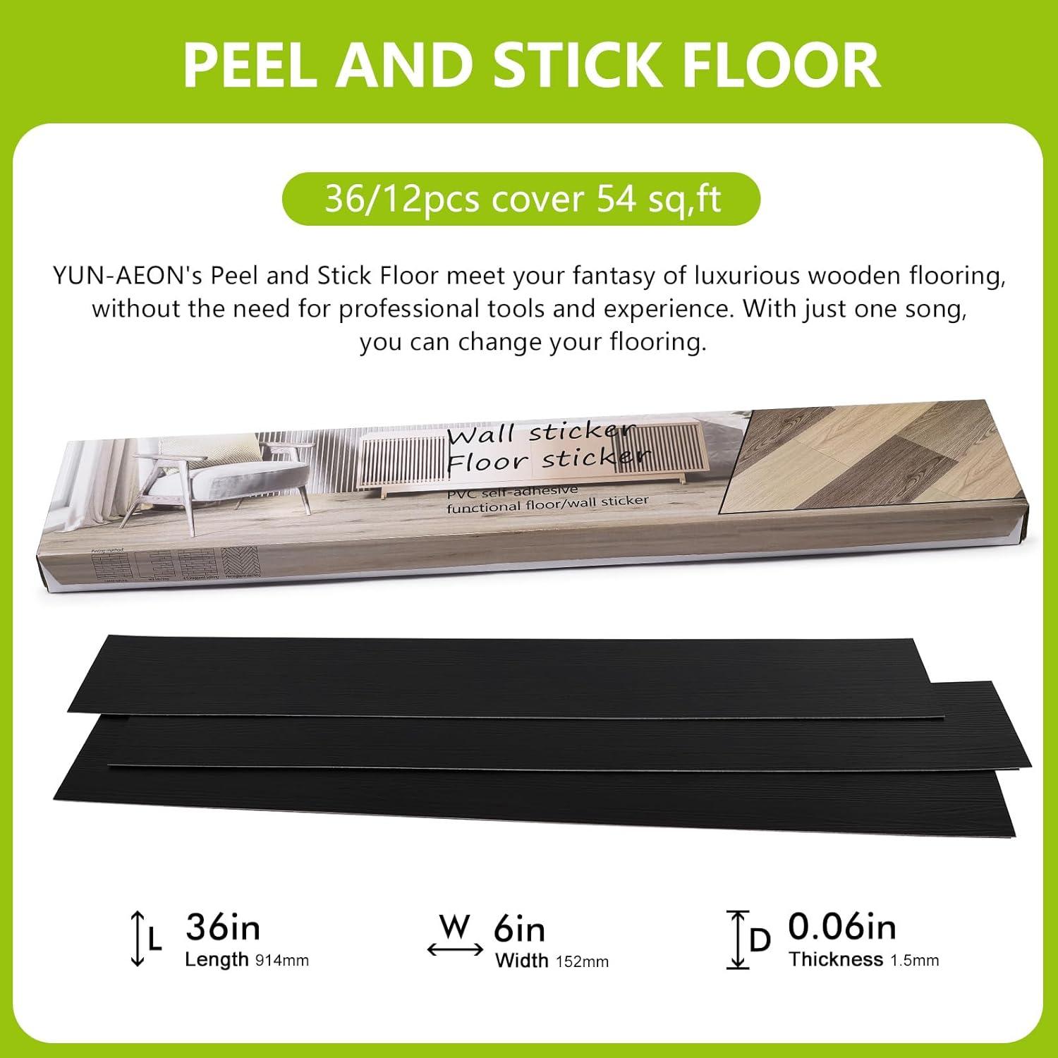 Art3d 36-Pack 54 Sq.ft Peel and Stick Floor Tiles Vinyl Plank Flooring Wood Look, Adhesive and Waterproof Tile Sticker for Bedroom, Living Room, Kitchen, RV in Black