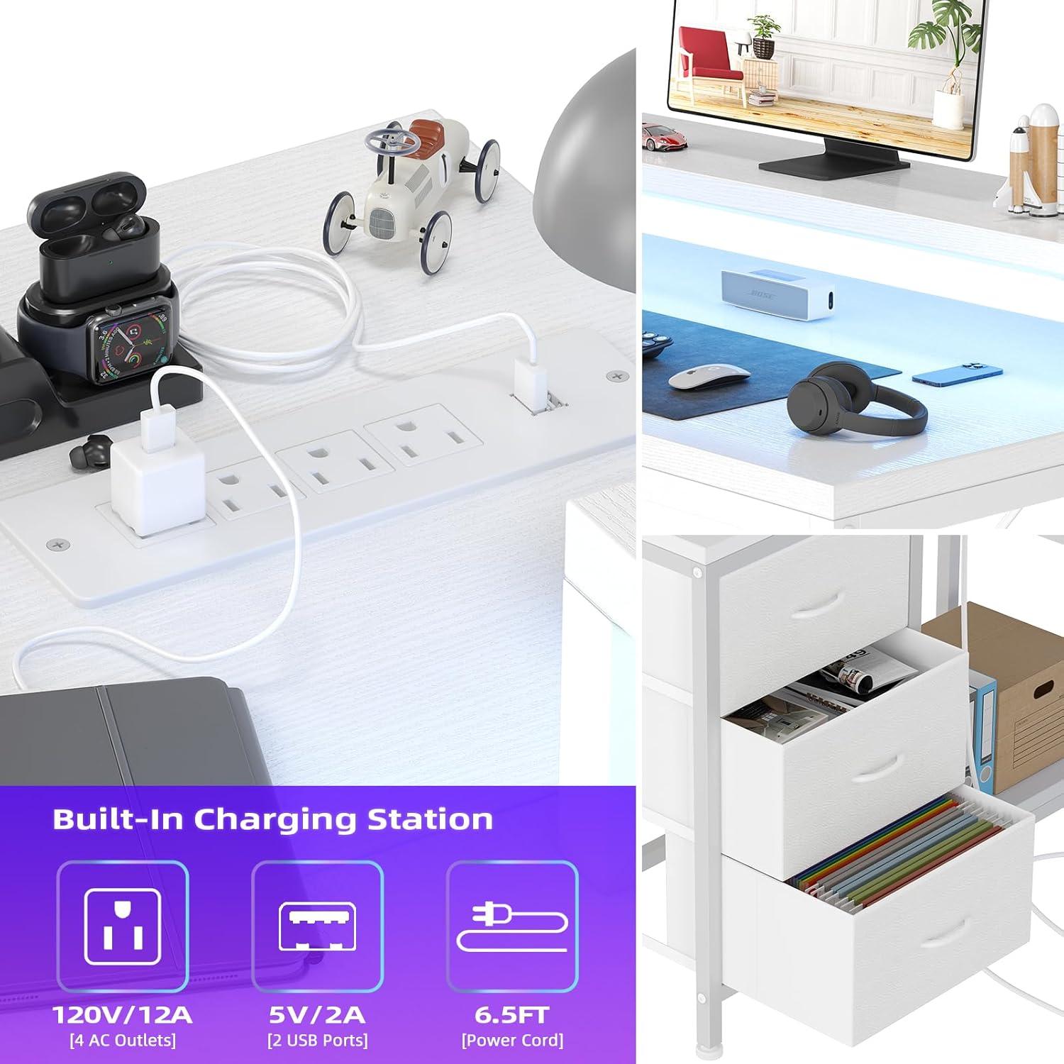 Danolapsi L Shaped Desk with Drawers & Shelves,L Shaped Computer Desk with Power Outlets & LED Lights,Corner Desk Gaming Desk Home Office Corner Desk,Easy to Assemble