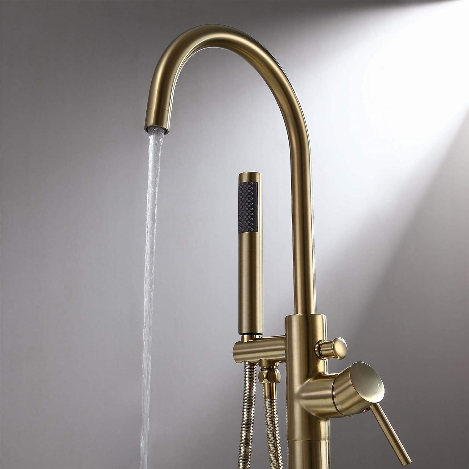 Brushed Gold Freestanding Tub Faucet with Handheld Spray