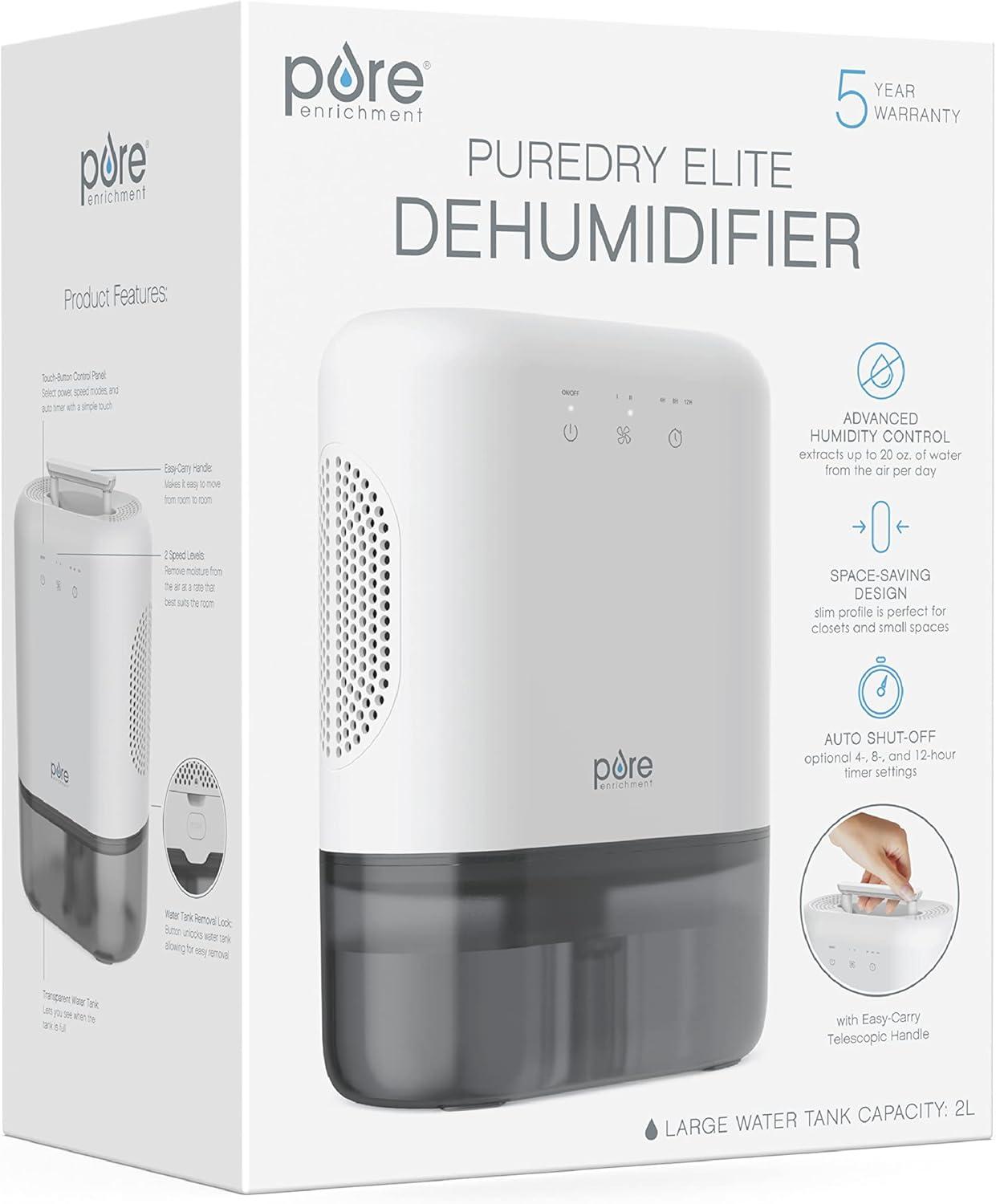 Pure Enrichment Pure Dry Elite Dehumidifier White: Small Room & Bathroom, 20 Oz/Day, Auto Shut-Off, 100-300 Sq. Ft.