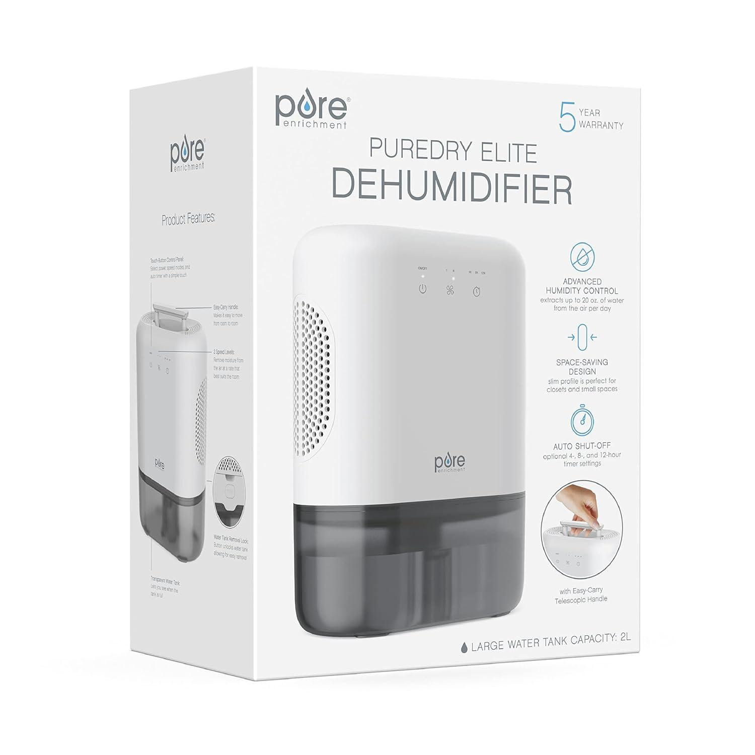 Pure Enrichment Pure Dry Elite Dehumidifier White: Small Room & Bathroom, 20 Oz/Day, Auto Shut-Off, 100-300 Sq. Ft.