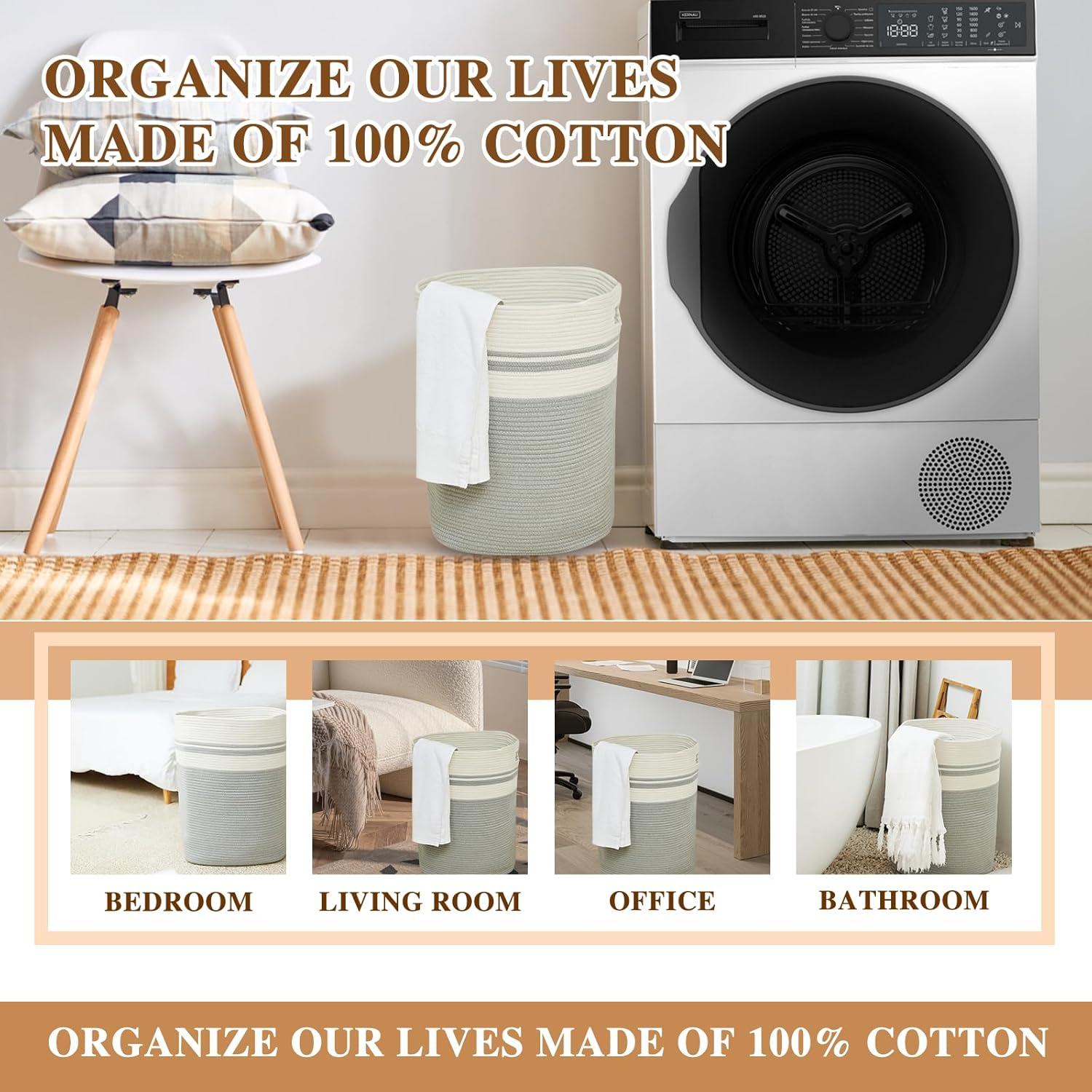 Casaphoria Woven Rope Laundry Hamper, Bin for Living Room, Storage Basket, Blanket Container, Dirty Clothes Hamper 16x13x22in - Light Gray