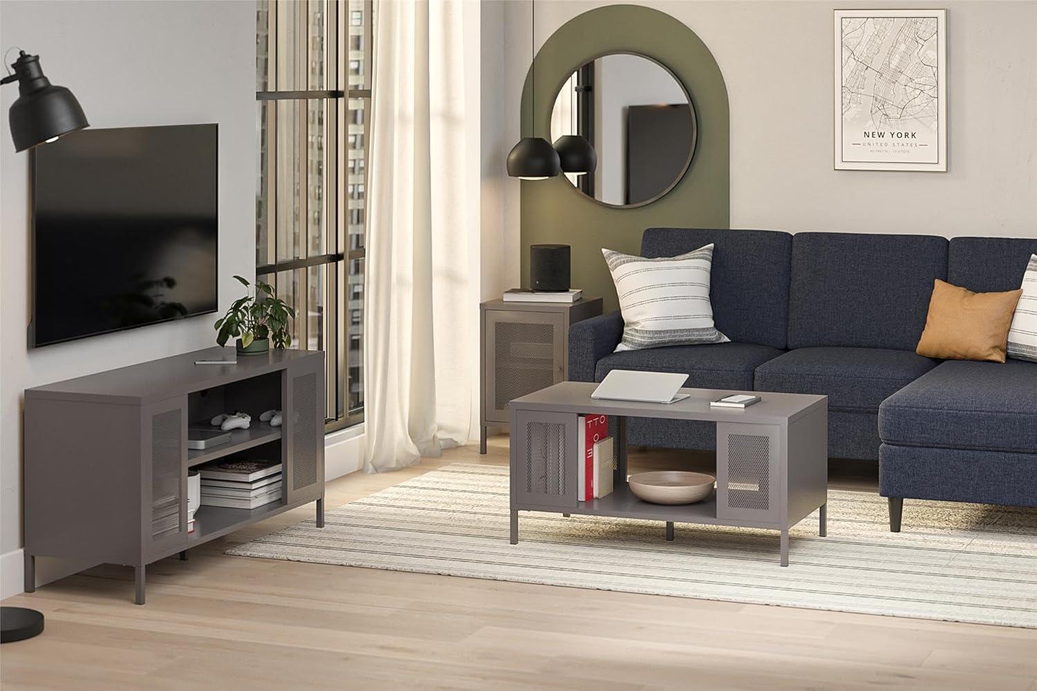 RealRooms Shadwick 1 Door Metal Locker Style End Table with Perforated Metal Mesh Door, Graphite Gray