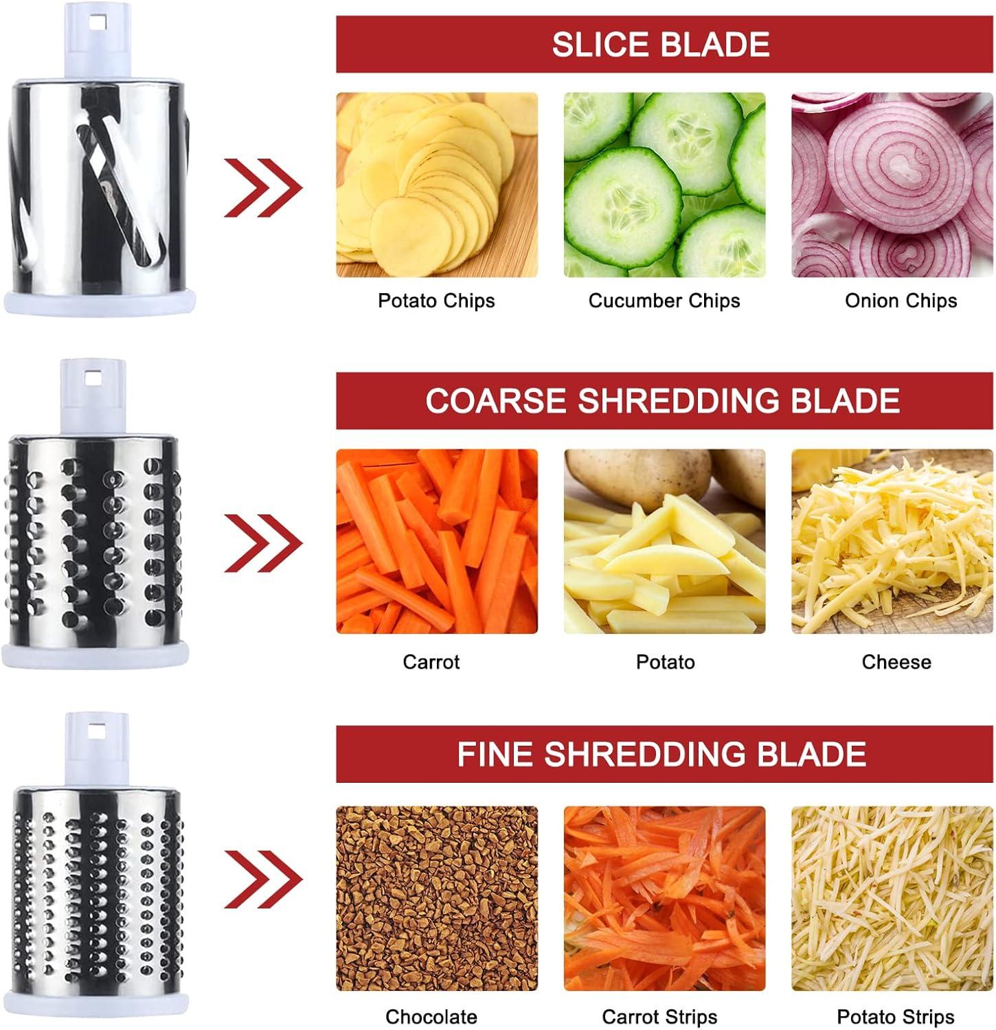 3rd Generation Rotary Cheese Grater, Mandoline Vegetable Slicer with 3 Replacement Blades, Easy to Clean Rotary Shredder for Fruit, Vegetables, Red