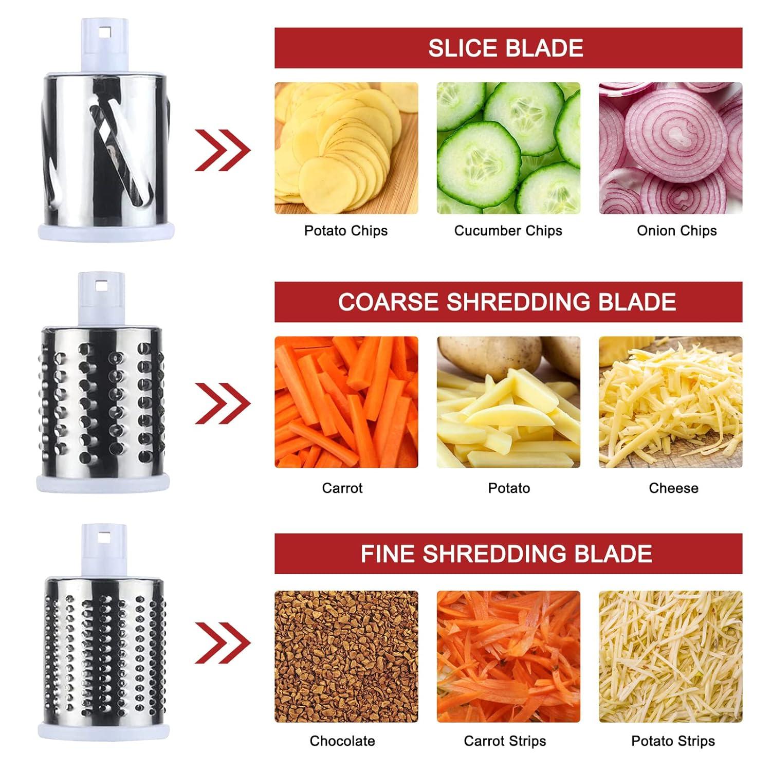 3rd Generation Rotary Cheese Grater, Mandoline Vegetable Slicer with 3 Replacement Blades, Easy to Clean Rotary Shredder for Fruit, Vegetables, Red