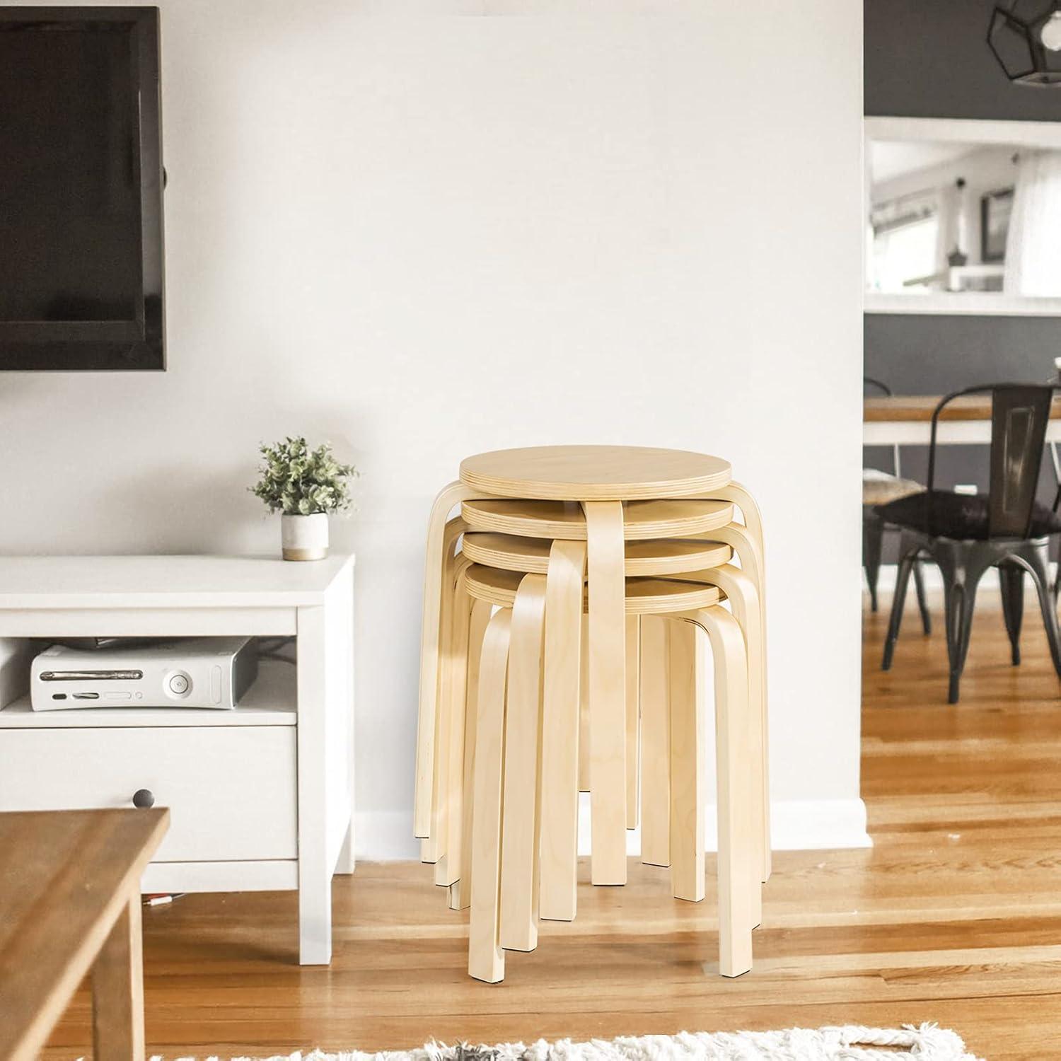 GVN Stackable Stools Set of 4 with Square Top and Rounded Corners-Natural, Dining Room Chairs, Lounge Chair for Kitchen, Dining, Bedroom, Living