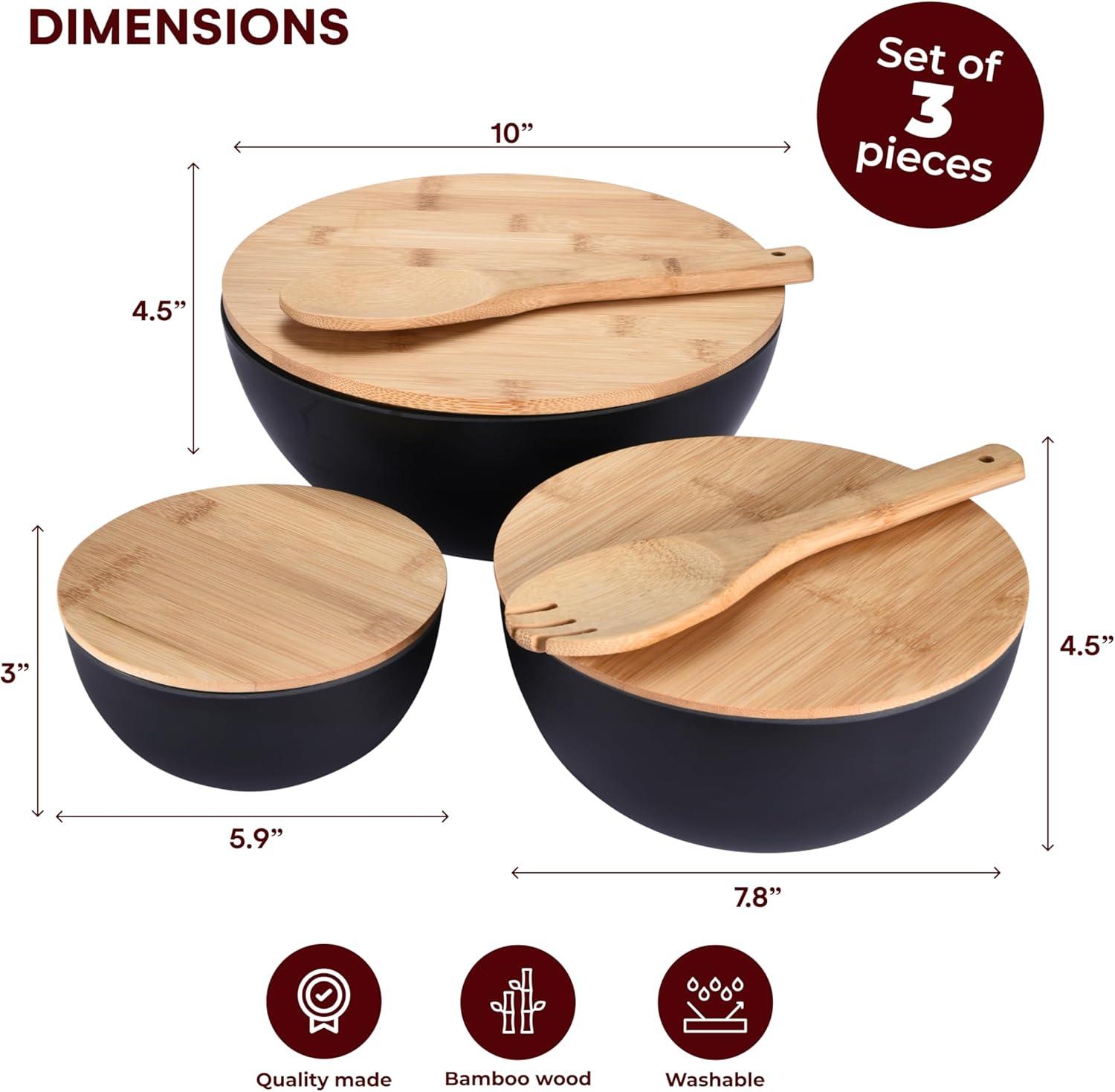 Black Bamboo Fiber Salad Bowls with Acacia Wood Lids - Set of 3