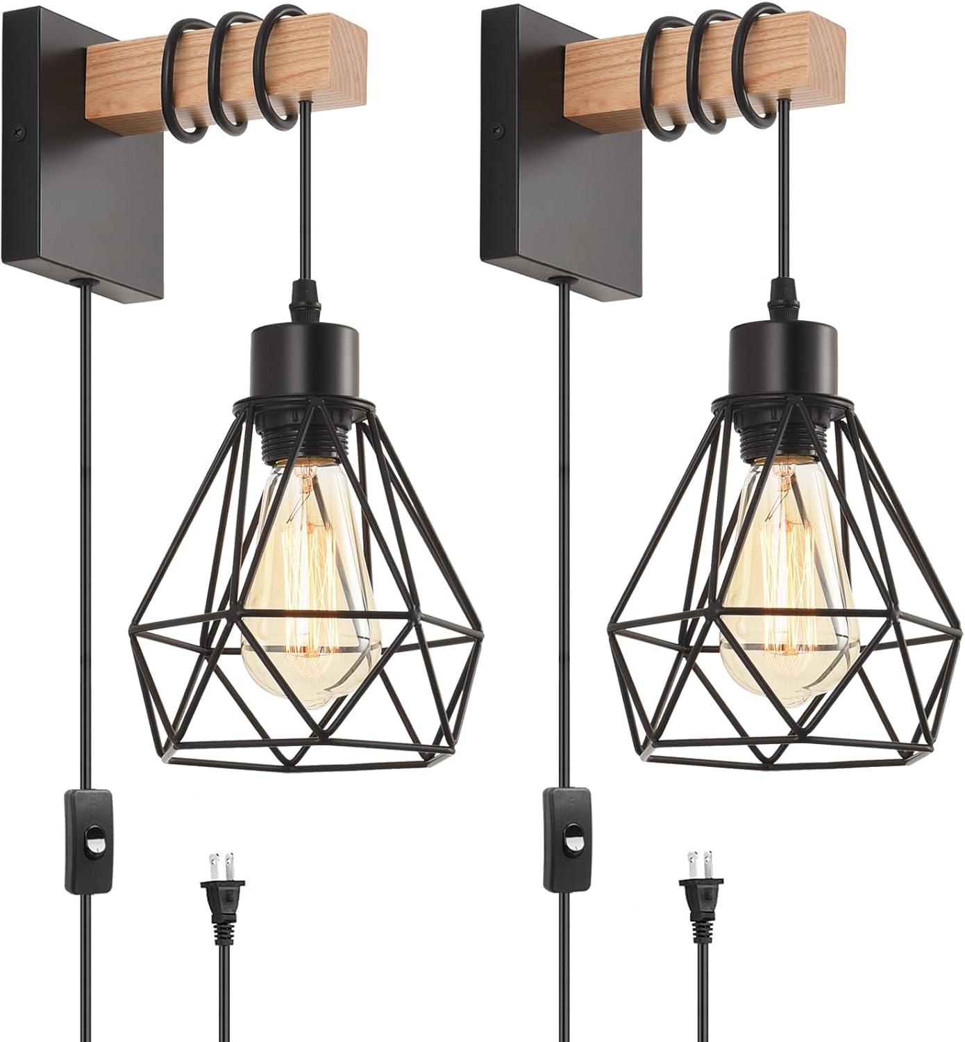 Black and Wood Plug-In Wall Sconce Set with Cage Shade