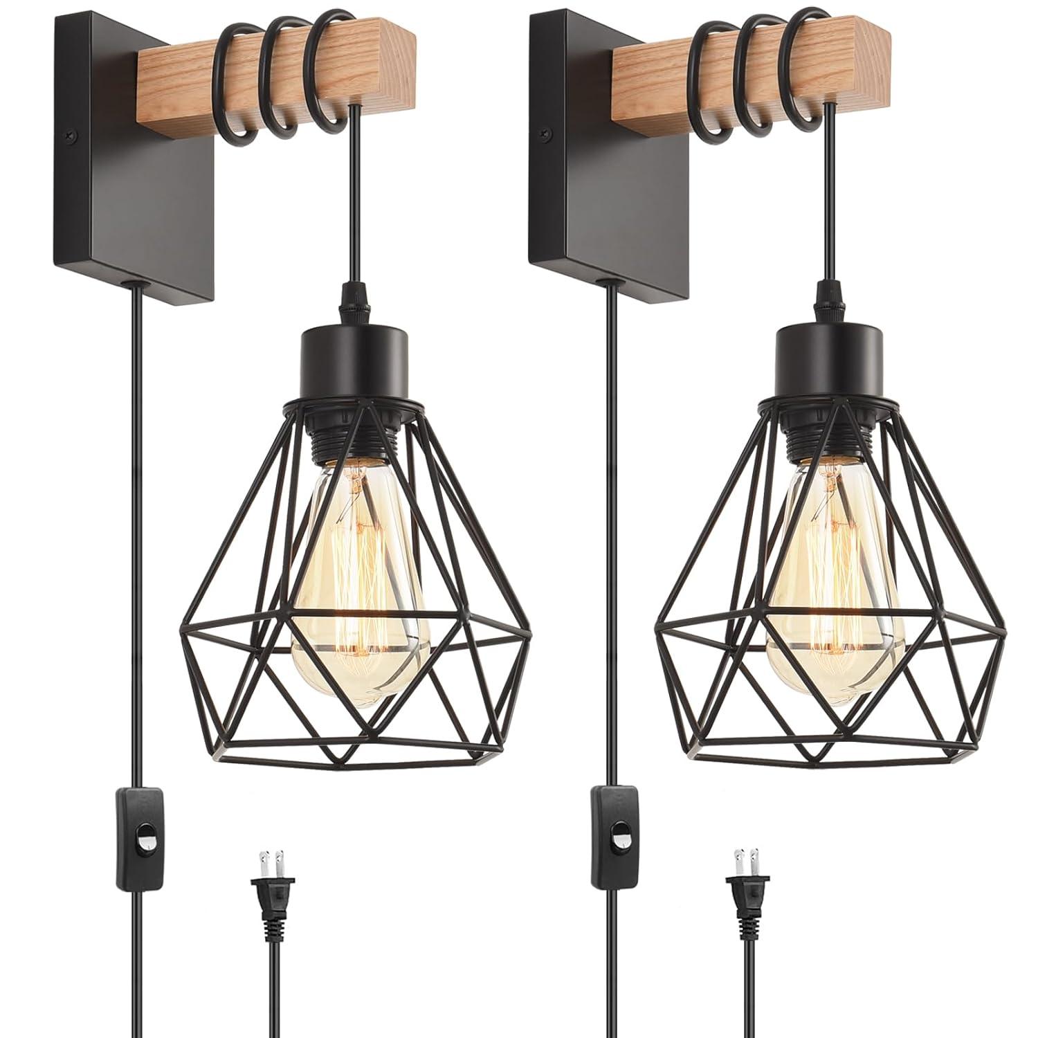 Plug in Wall Sconces Set of 2 with 6 FT On/Off Switch Cord, Wall Light Fixtures Black Industrial Farmhouse Indoor Wall Latern For Bedroom Living Room
