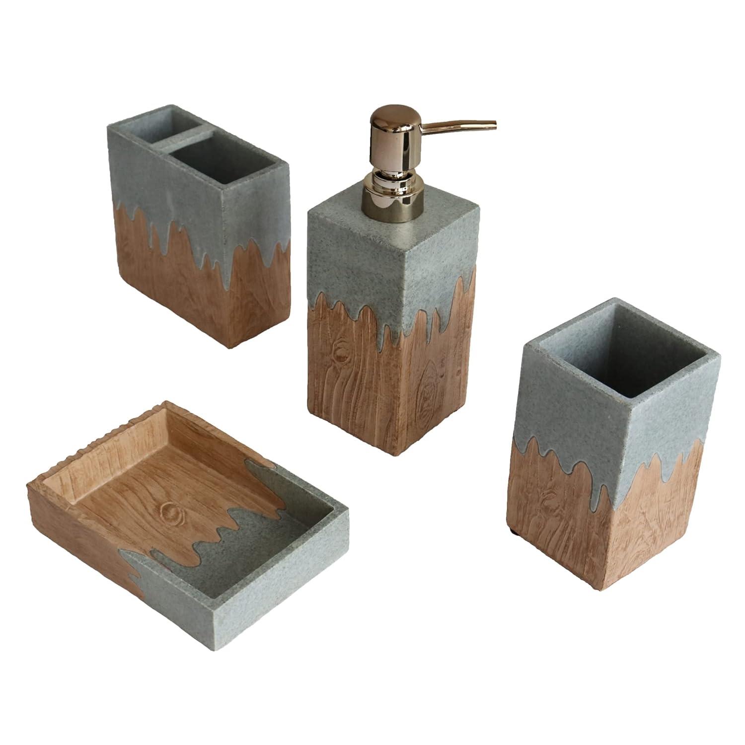 Hymmah Bathroom Accessories Set,Wooden Design Toothbrush Holder,Farmhouse Bathroom Decor,4 Pcs Resin Gift Set Apartment Necessities, Contain Toothbrush Cup,Soap Dispenser,Soap Dish,Tumbler