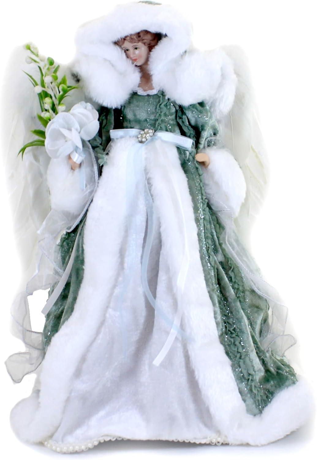 Green and White Velvet Angel Tree Topper with Faux Fur