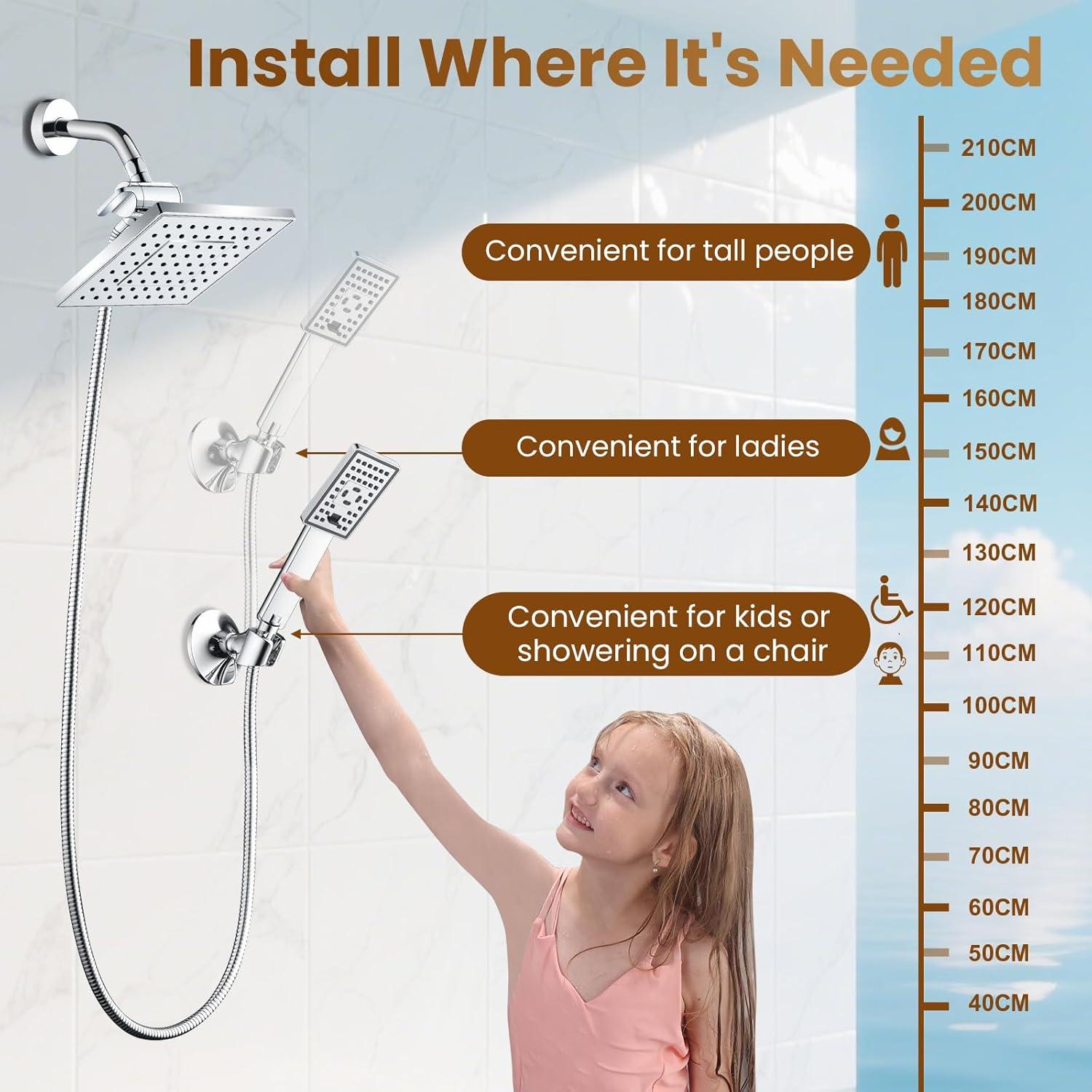 BRIGHT SHOWERS Rain Shower Head Combo, 8" Rainfall Shower with Handheld Spray, 60" Hose, 3-Way Diverter, Wall Bracket, Chrome