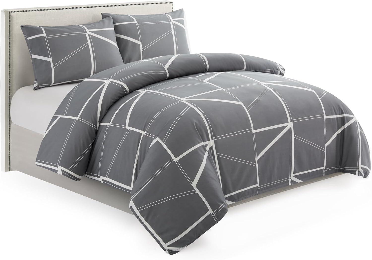 King Grey and White Geometric Bamboo Rayon Bedding Set