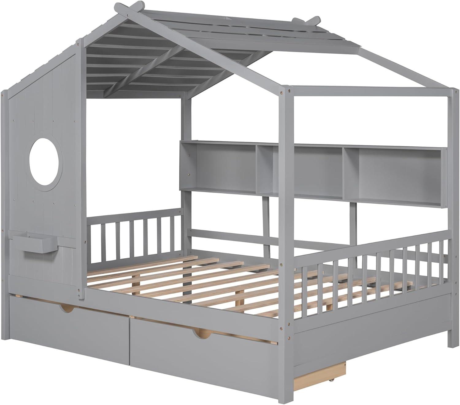 Harper & Bright Designs Wooden Full Size House Bed Frame with 2 Drawers for Boys Girls Kids Toddler,Kids Bed with Storage Shelf, White