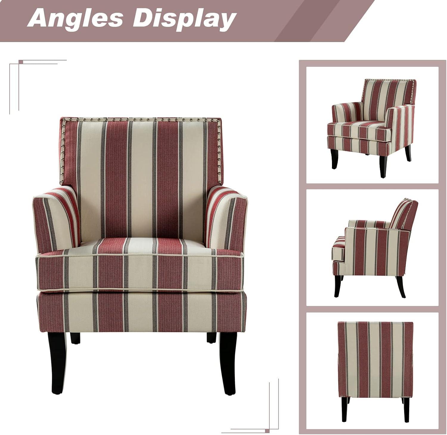 Red and White Striped Wooden Leg Accent Chair