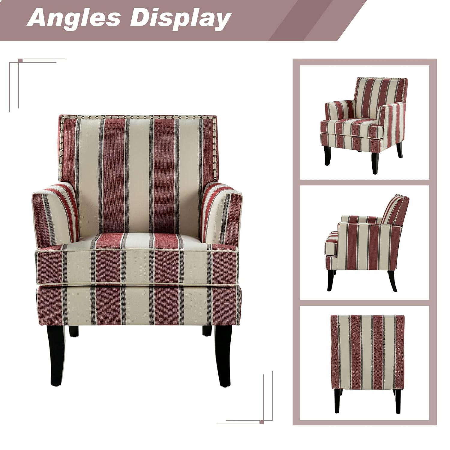 Red and White Striped Wooden Leg Accent Chair
