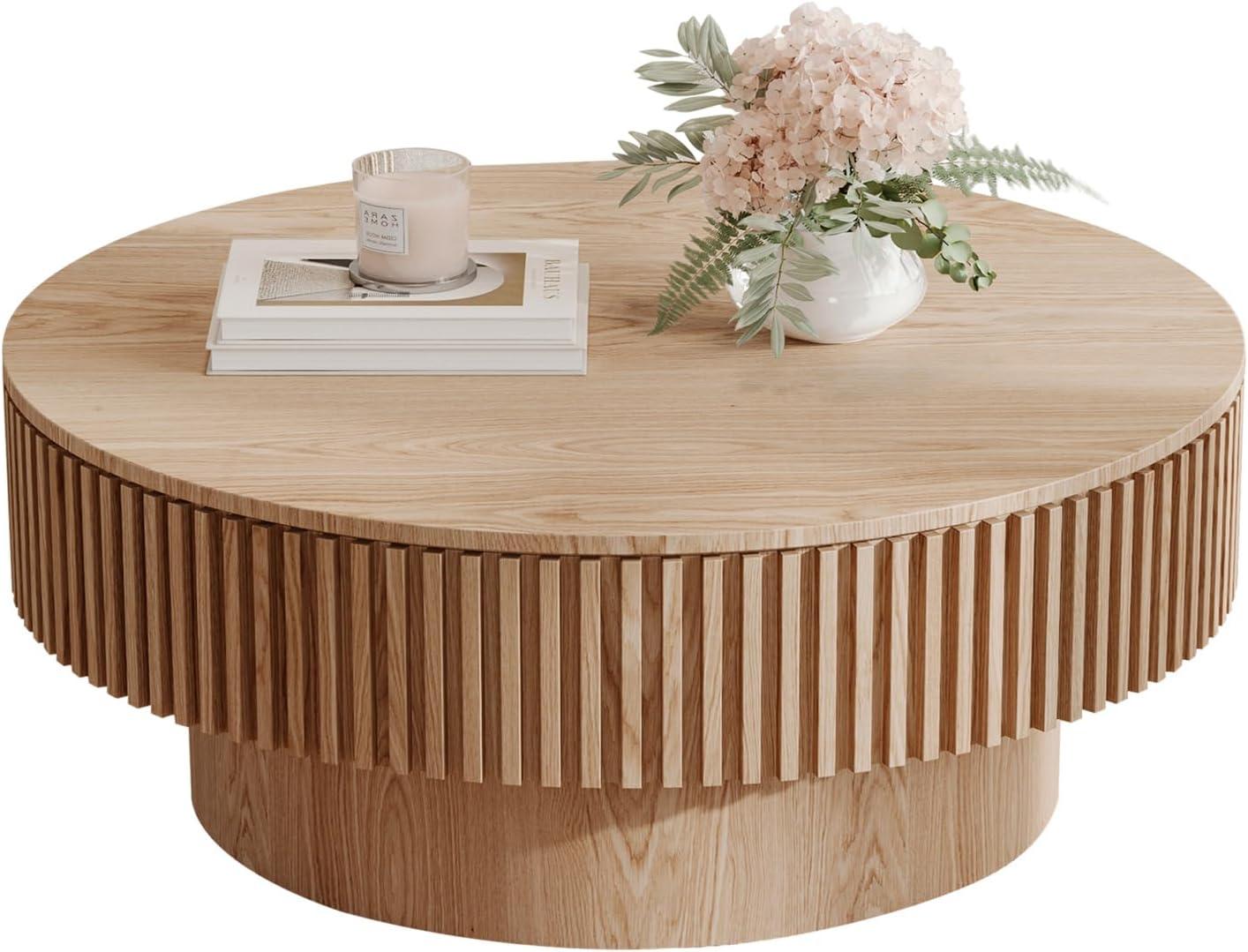 HomVent 31.5'' Round Coffee Table with Storage, Modern Wooden Coffee Table with Solid Wood Veneered, Circle Center Table Accent Tea Table for Living Room, Small Space, Apartment